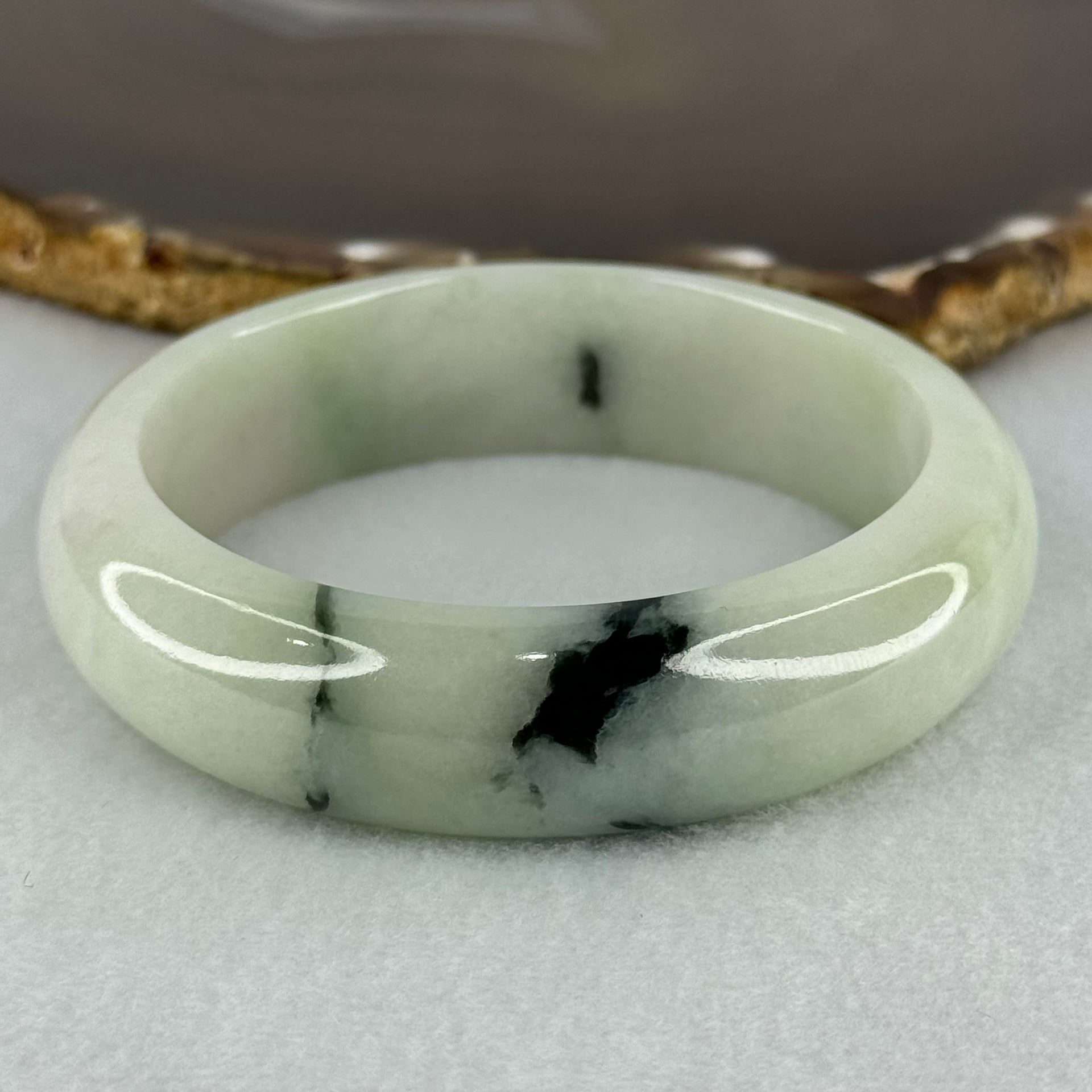 Type A Light Green with Moss Green Patches Jadeite Bangle Internal Diameter 56.5mm 75.29g 16.4 by 8.4mm (Slight Internal Line) - Huangs Jadeite and Jewelry Pte Ltd