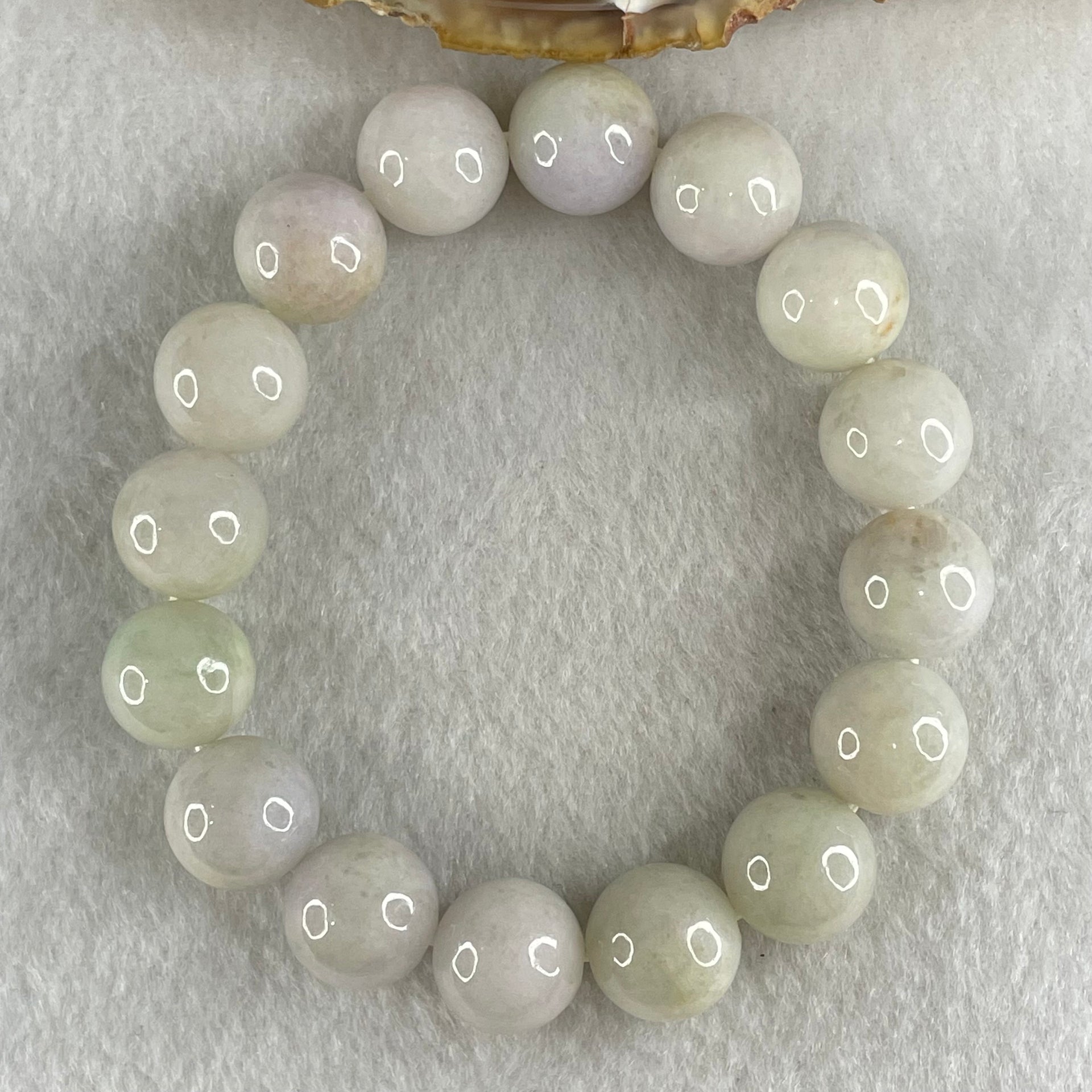 Type A Light Green with Slight Light Lavender Jadeite Beads Bracelet 55.18g 16cm 12.6mm 16 Beads - Huangs Jadeite and Jewelry Pte Ltd