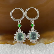 Type A icy Blueish Green Jadeite Cabochons With Crystals in S925 Sliver Earrings 4.51g 7.7 by 6.7 by 3.5mm - Huangs Jadeite and Jewelry Pte Ltd