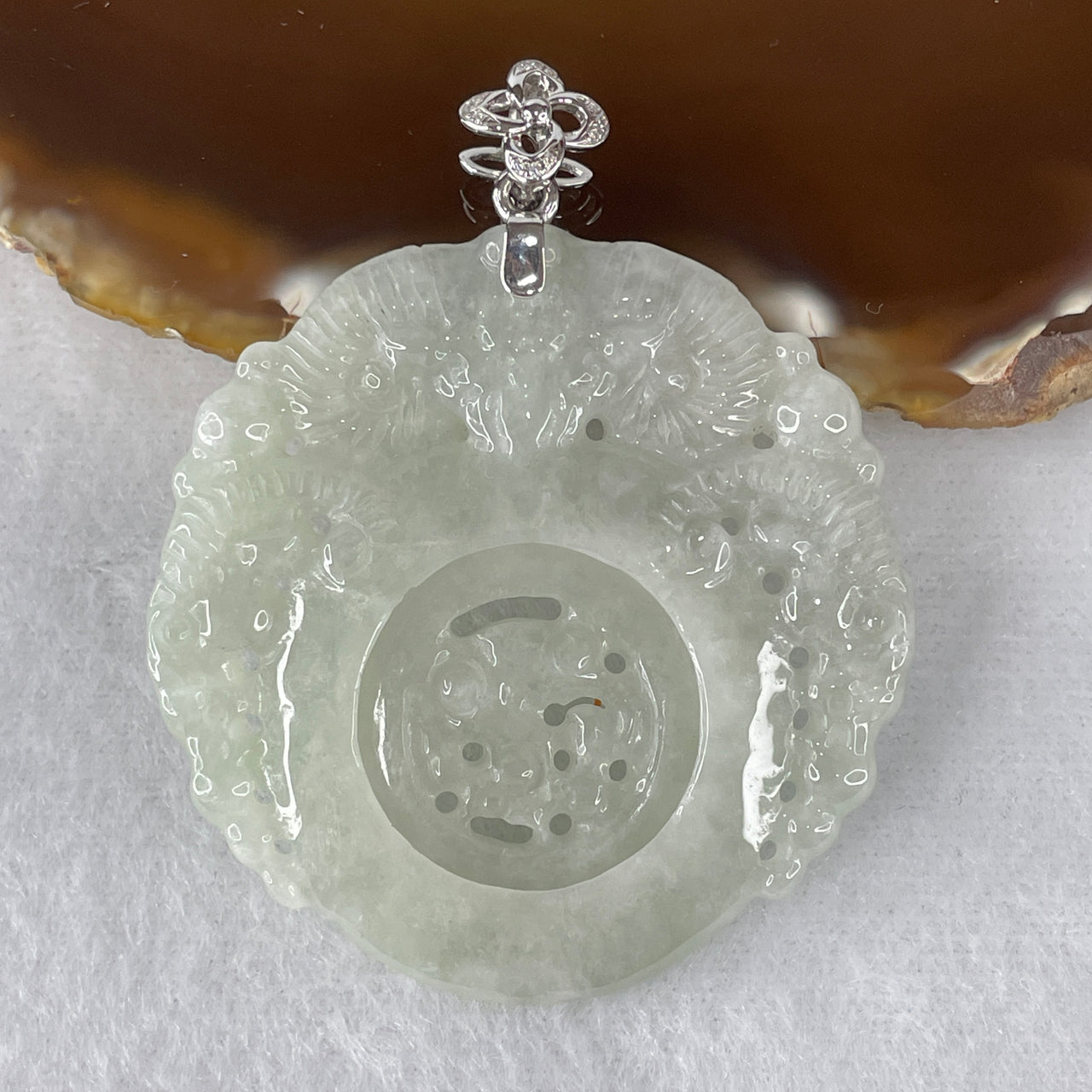 Natural Type A Light Green Jadeite "San Yang Kai Tai" 3 Goats Pendant | Interactive Kinetic Movable Pixiu Wealth Ring Element | Solid 18K White Gold & Diamond Pave Clasp | 21.61g 49.2x48.9x5.0mm