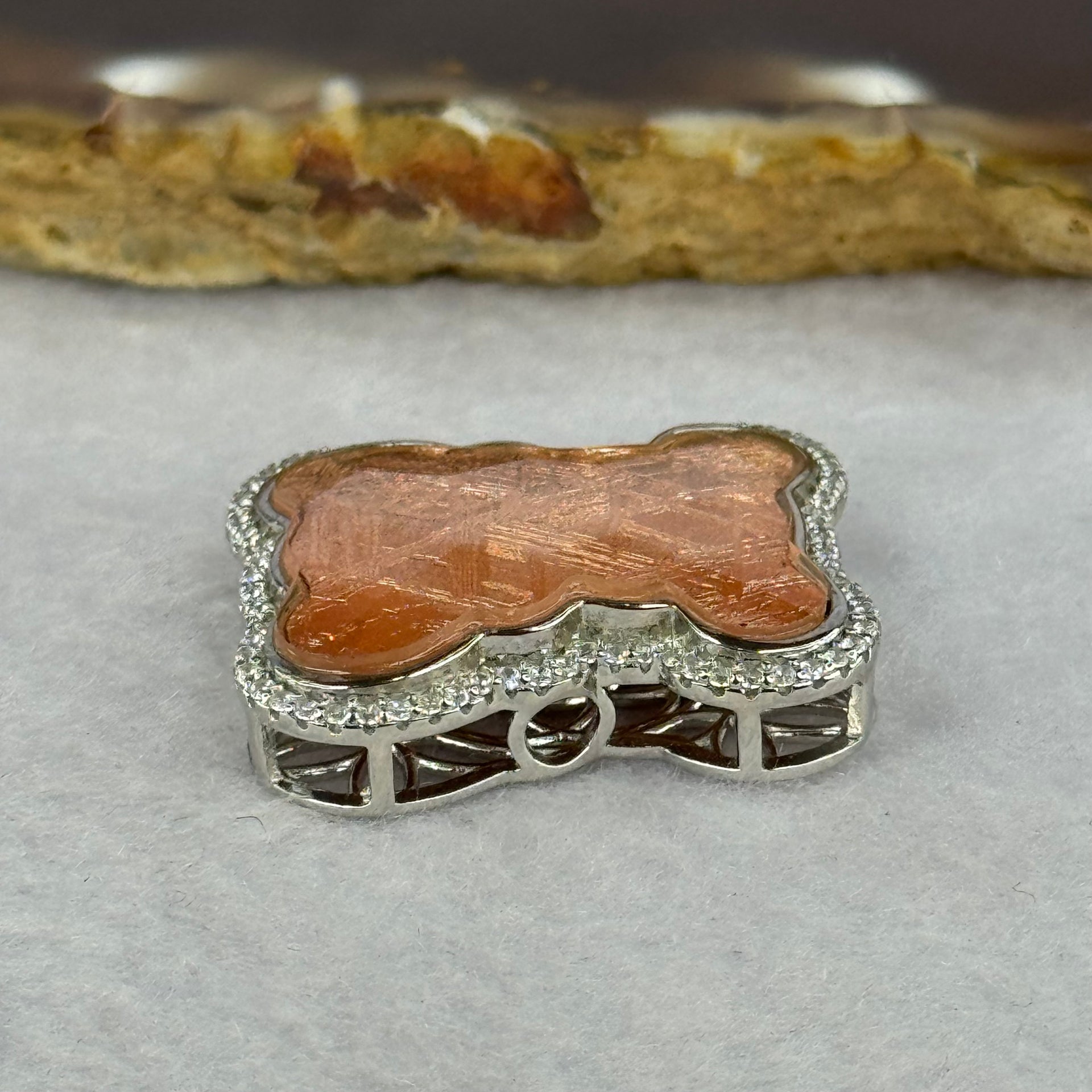 Natural Meteorite Bear Charm in S925 Silver with Crystals For Necklace / Bracelet (Rose Gold Color) 7.47g by 26.2 by 21.4 by 8.4mm - Huangs Jadeite and Jewelry Pte Ltd