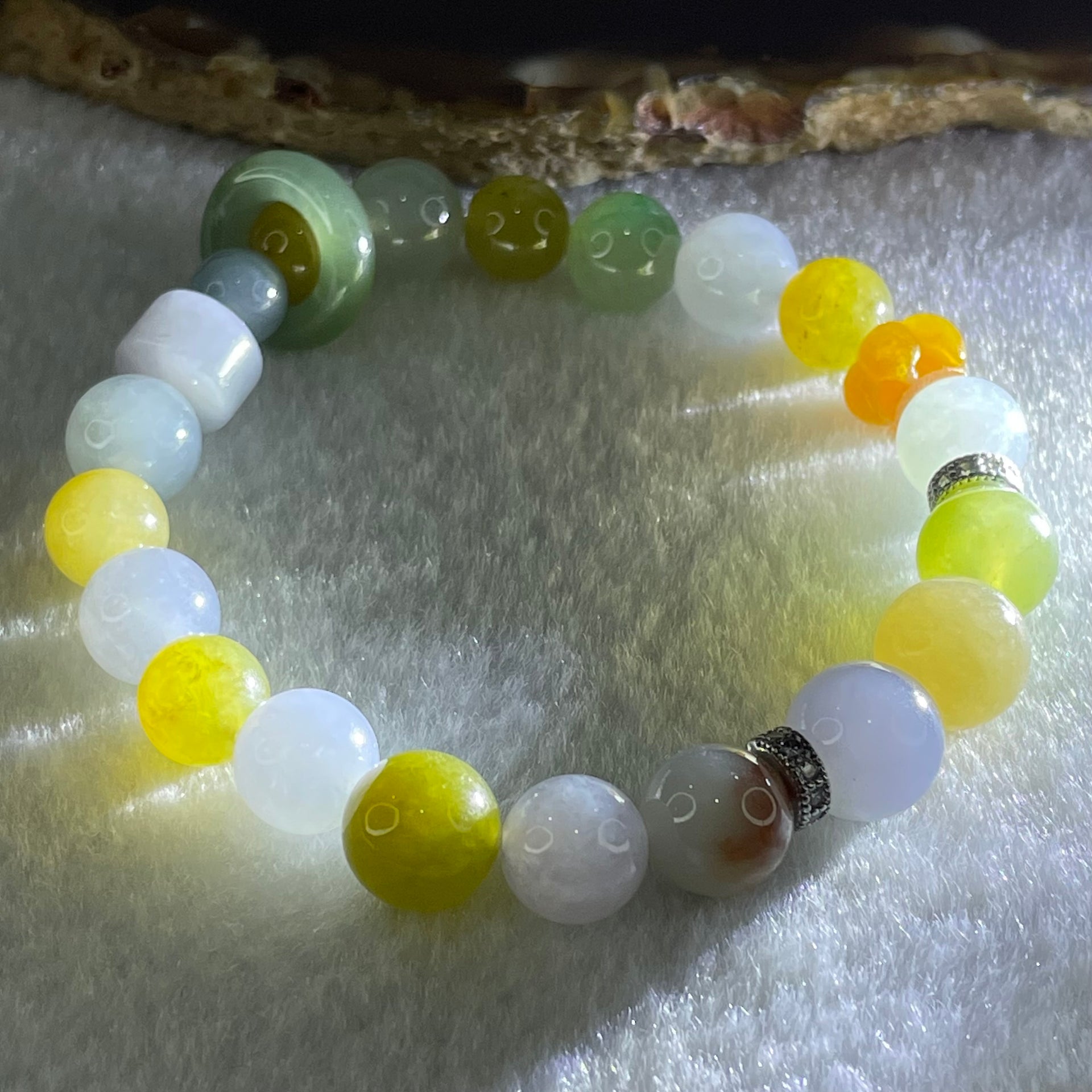 Type A Muti Color Jadeite Beads with Blueish Green Ping An Kou Donut Charm and Yellow Lotus Charm Bracelet 27.01g 15cm 9.9mm 18 Beads 14.5 by 4.1mm 1pcs - Huangs Jadeite and Jewelry Pte Ltd