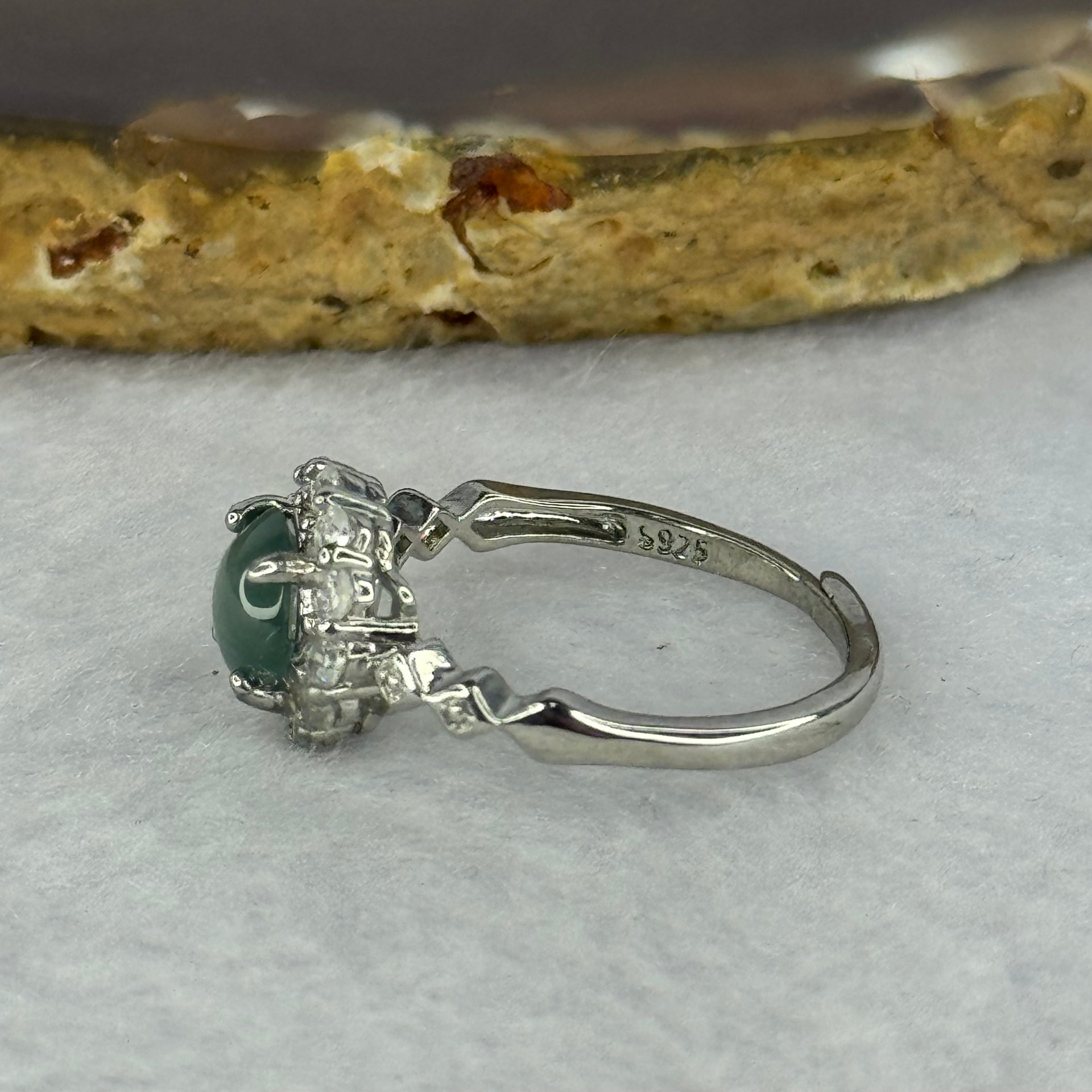 Type A Icy Blueish Green Jadeite with Crystals in S925 Sliver Ring (Adjustable Size) 1.77g 6.9 by 3.0mm - Huangs Jadeite and Jewelry Pte Ltd