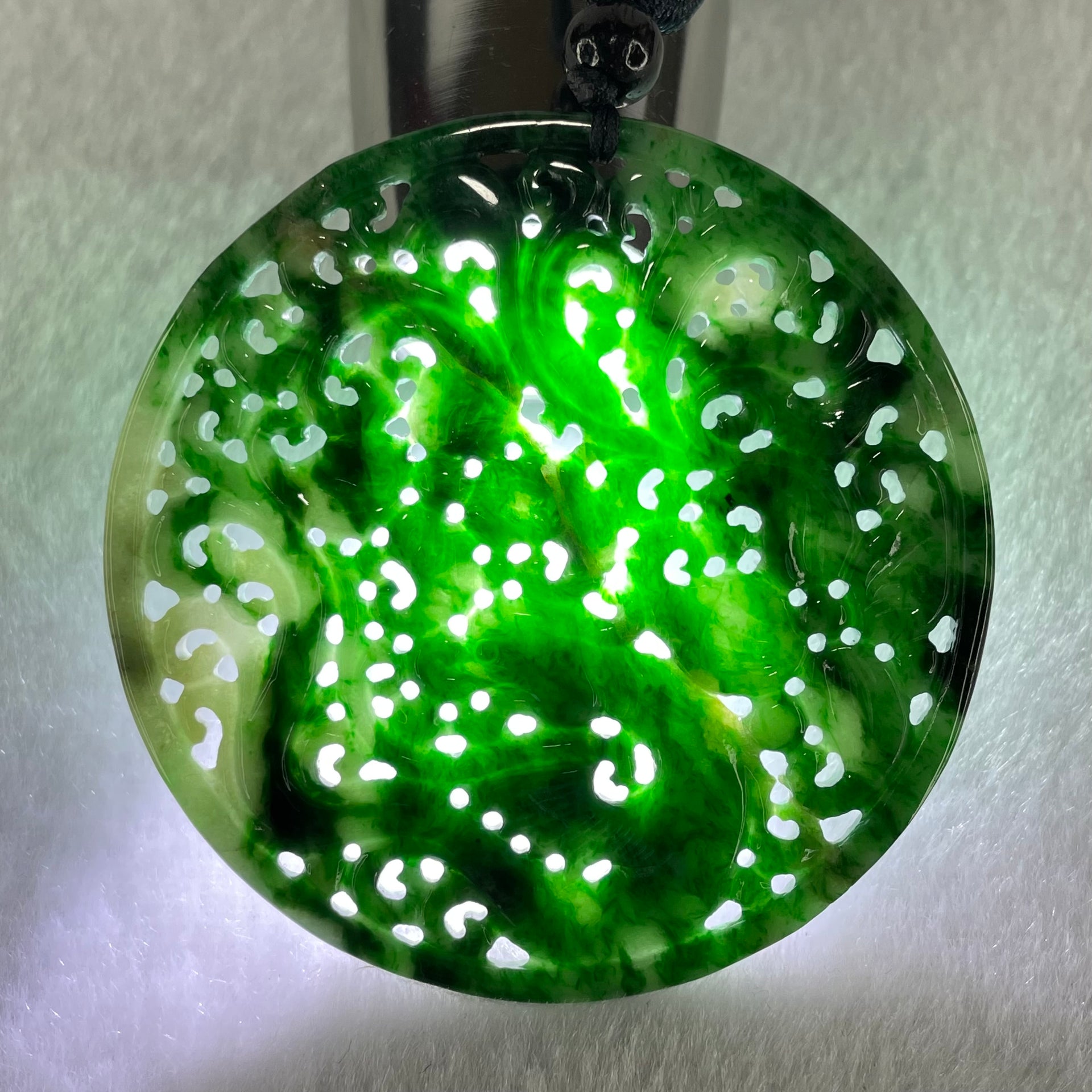 Grandmaster Type A Old Mine Green Piao Hua Jadeite Dragon 15.44g 51.9 by 3.0mm Twin Phoenix 15.25g 49.5 by 2.7mm Pendant Pair 花开富贵 - Huangs Jadeite and Jewelry Pte Ltd