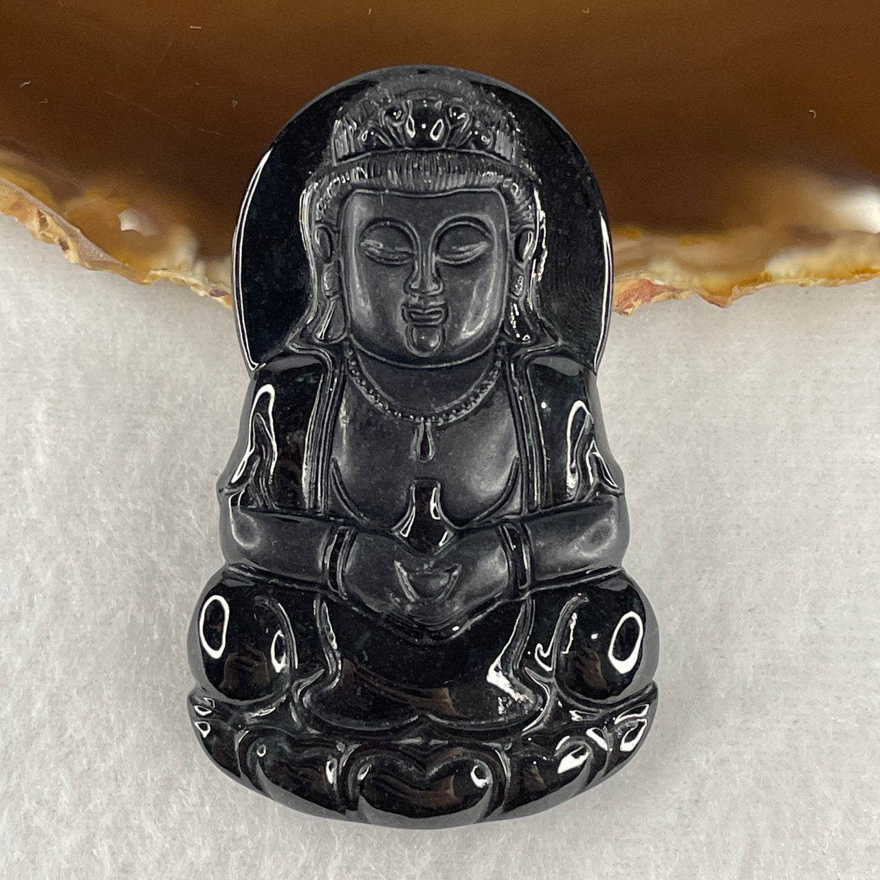Certified Type A Opaque Black Omphacite Jadeite Guan Yin Pendant | 57mm Natural Black Jade Goddess of Mercy Protection Amulet (29.52g | 57.4 x 35.8 x 8.8mm)