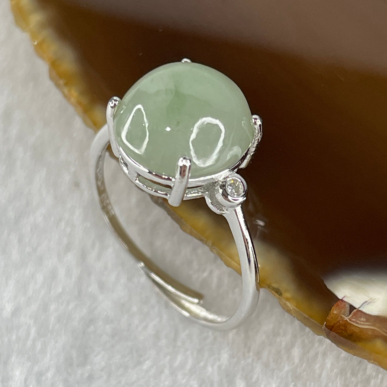 Natural Type A Semi Icy Faint Green Jadeite Oval Shape Cabouchon in S925 Silver Ring (Adjustable Size) 2.04g 11.0 by 9.4 by 5.5mm