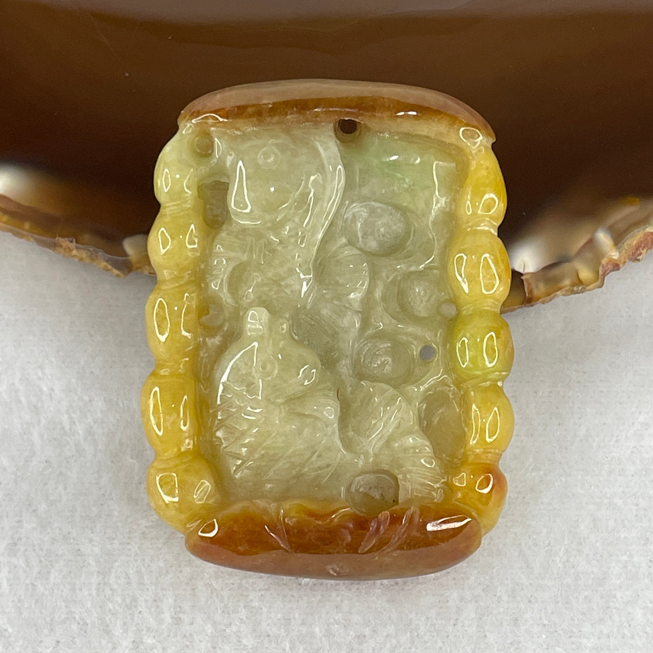 Natural Type A Yellow & Brownish Jadeite Double-Sided "Twin Fish with Coins" Pendant | 100% Untreated Master Carved Fei Cui Talisman (37.00g | 39.3mm × 52.6mm × 10.0mm)