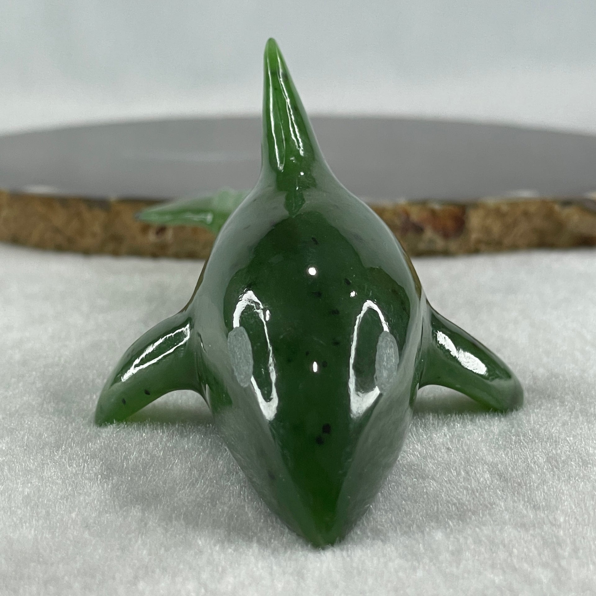 Natural Dark Green Serpentine Killer Whale Display 148.0g 143.5 by 55.0 by 48.5mm - Huangs Jadeite and Jewelry Pte Ltd