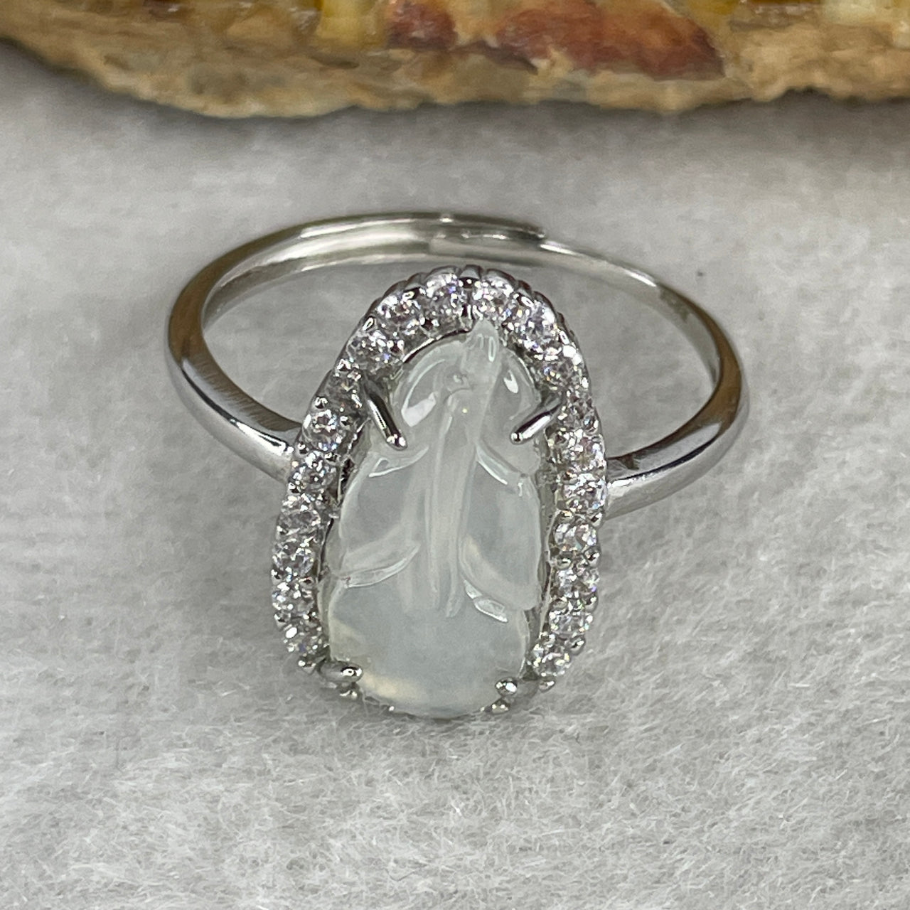 Type A Icy Pure White Jadeite Leaf Ring | Liquid-Glass Translucent Carving (Ye Zi) | Solid S925 Sterling Silver Setting | Smart Adjustable Sizing (2.46g 14.0x6.7x2.0mm)
