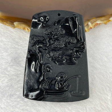 Type A Opaque Black Omphasite Jadeite Shan Shui with Benefactor Pendent A货墨翠山水贵人牌 
24.90g 60.5 by 42.6 by 5.9 mm - Huangs Jadeite and Jewelry Pte Ltd