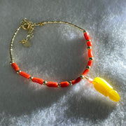 Natural Red Coral with Natural Butterscotch Amber Leaf Charm in Gold Color Bracelet 3.64g 6.5 by 2.7mm 11pcs - Huangs Jadeite and Jewelry Pte Ltd