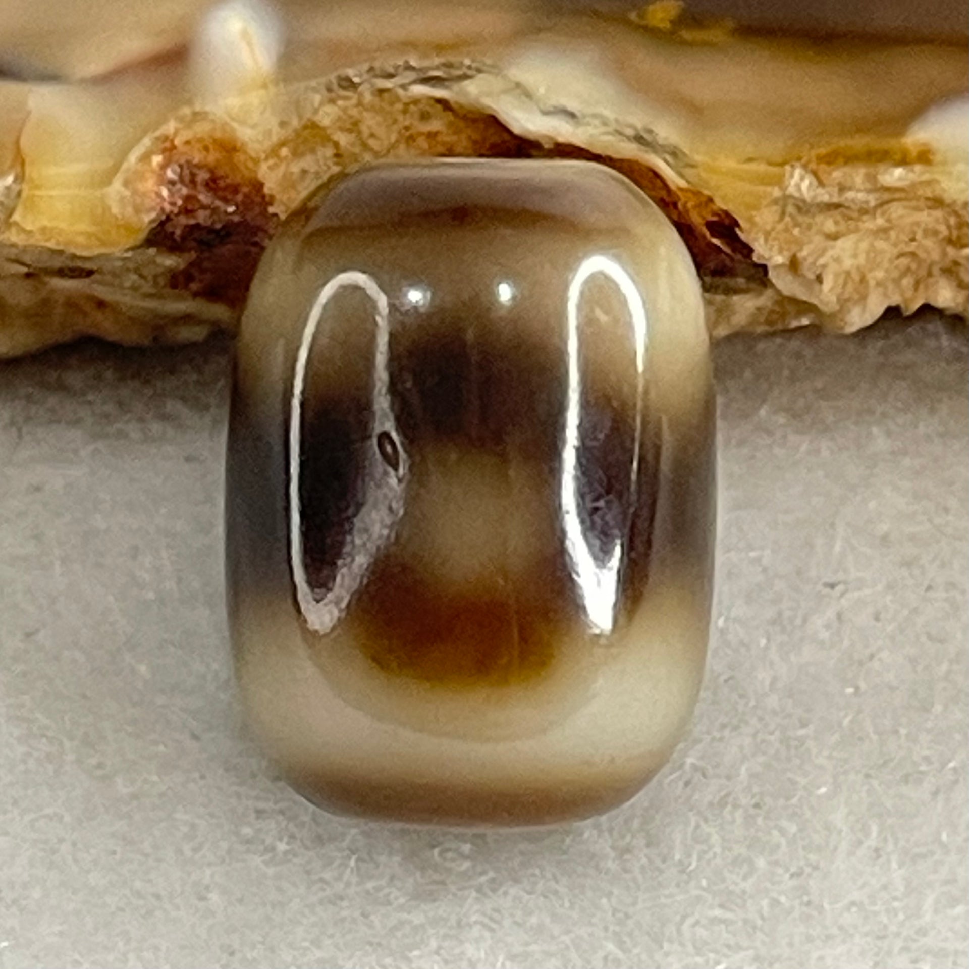 Natural Powerful Tibetan Old Oily Agate 3 Eyes Dzi Bead Heavenly Master (Tian Zhu) 三眼天诛 2.30g 13.7 by 10.2mm - Huangs Jadeite and Jewelry Pte Ltd