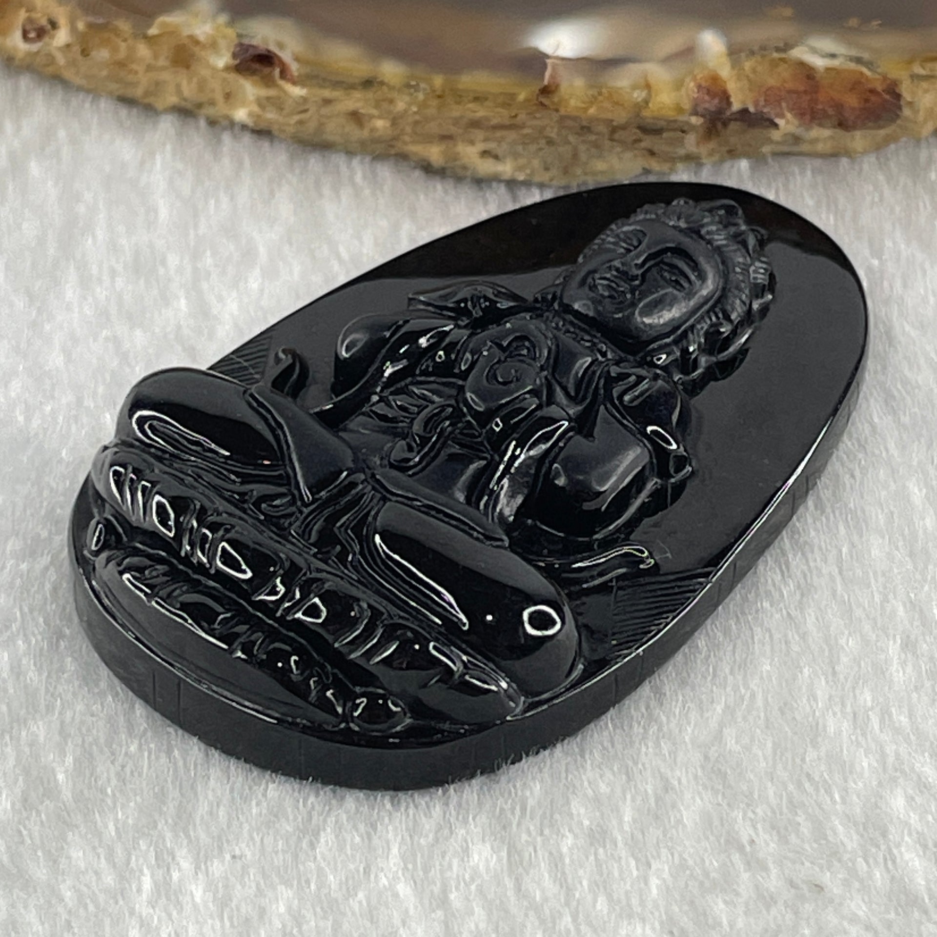 Type A Opaque to Partial Translucent Black Omphacite Jadeite Da ri ru lai 大日如來 Vairocana Buddha Pendant Goat and Monkey Zodiac Guardian 17.20g 53.0 by 32.9 by 9.6mm - Huangs Jadeite and Jewelry Pte Ltd