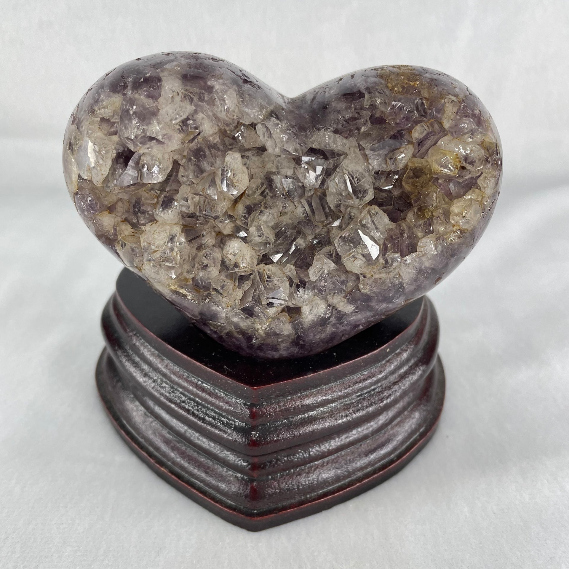 Natural Amethyst with White Milky Quartz Heart with Wooden Stand 744.9g 113.2 by 88.5 by 101.5mm - Huangs Jadeite and Jewelry Pte Ltd