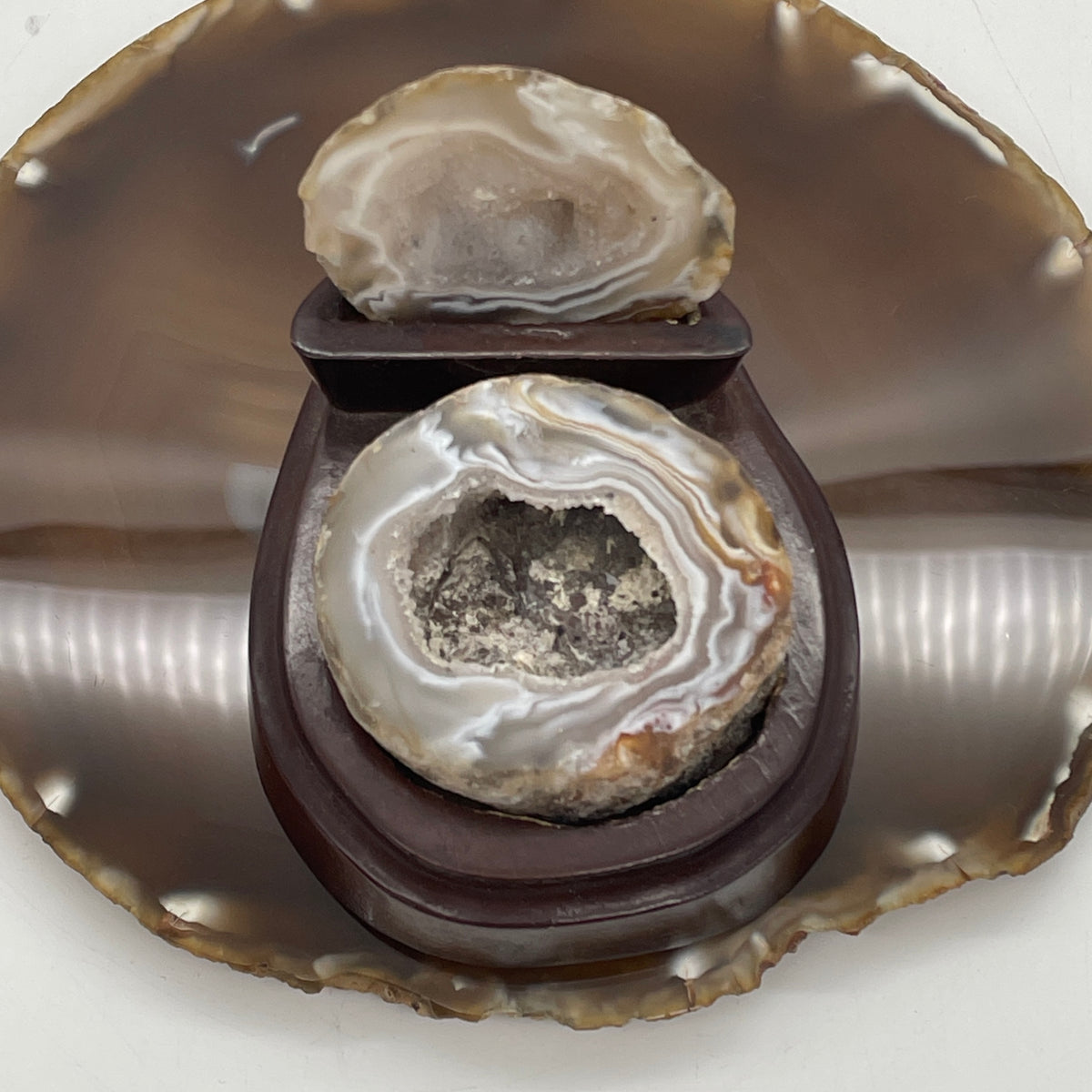 Natural White Agate Wealth Pot "Ju Bao Pen" with Wooden Stand Display | White Quartz Geode & Custom Pedestal Set (146.82g | 73.0 x 84.5 x 69.5mm | Synergy, Feng Shui Wealth Collector, Space Purification & Abundance Catalyst)