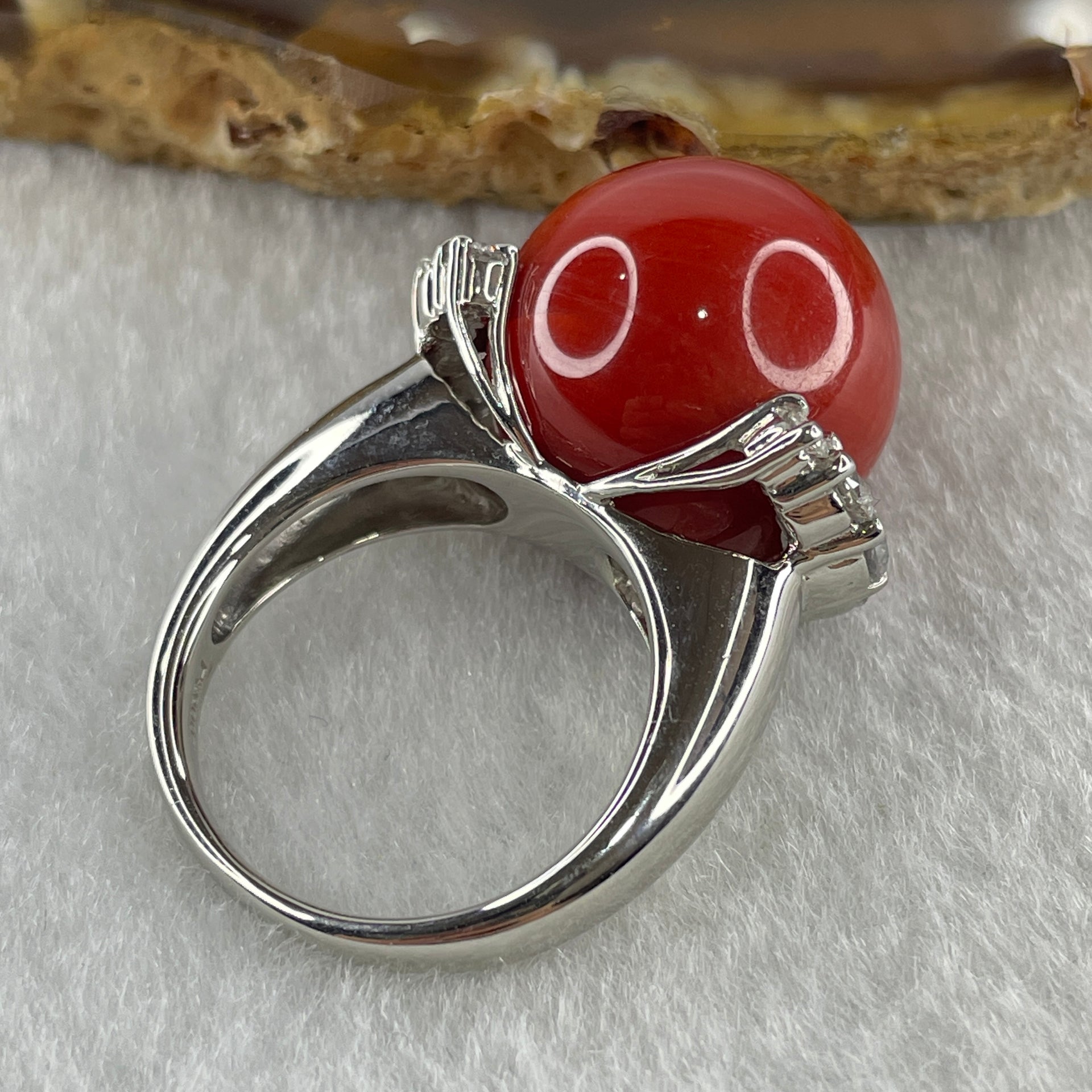Rare Exceptional Grade Natural Round Red Coral 16.2mm with Natural Diamonds in PT900 Platinum Ring D0.85ct Total 16.2g US6.75 HK14.5 - Huangs Jadeite and Jewelry Pte Ltd