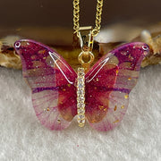Man Made Pink Butterfly Pendant with Gold Color Necklace 3.39g 25.4 by 17.6 by 4.2mm - Huangs Jadeite and Jewelry Pte Ltd