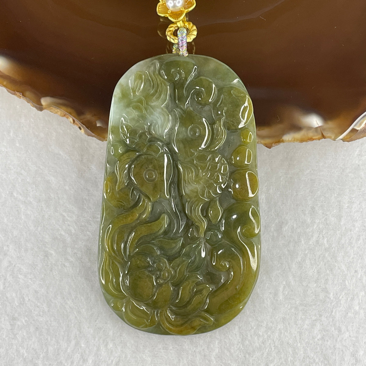 Natural Type A Brownish Green & Green Jadeite Twin Carp Fish with Lotus Flower Pendant | Perpetual Abundance & Dual-Color Harmony (70.18g | 74.8x44.1x7.6mm)
