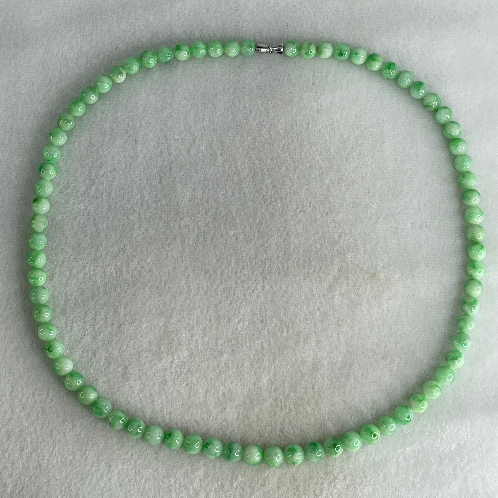 Good Grade Type A Apple Green with Emerald Green Piao Hua Jadeite Beads Necklace 50.33g 54cm 6.9 to 7.8mm 74 Beads - Huangs Jadeite and Jewelry Pte Ltd