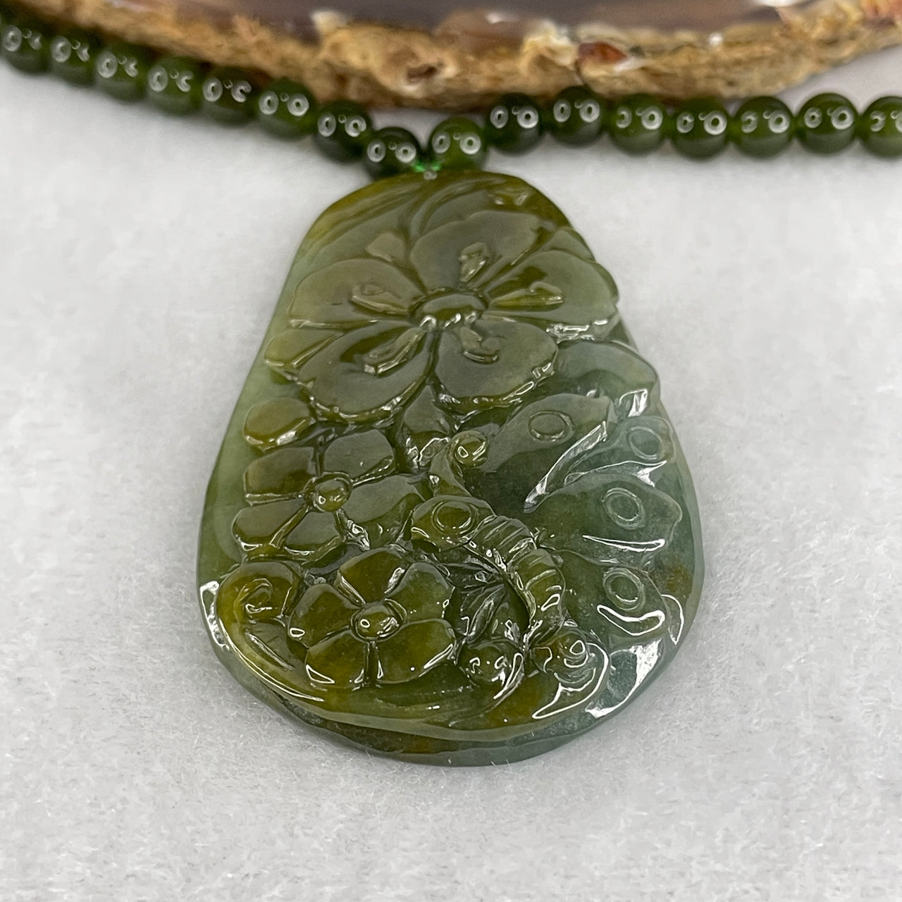 Natural Type A Jadeite Butterfly with Flower Pendant Necklace | Hand-Carved Blueish Green & Yellowish Fei Cui Plaque with 6.0mm 110 Beads Strand (74.88g | 62cm | 66.8 x 37.7 x 9.0mm)
