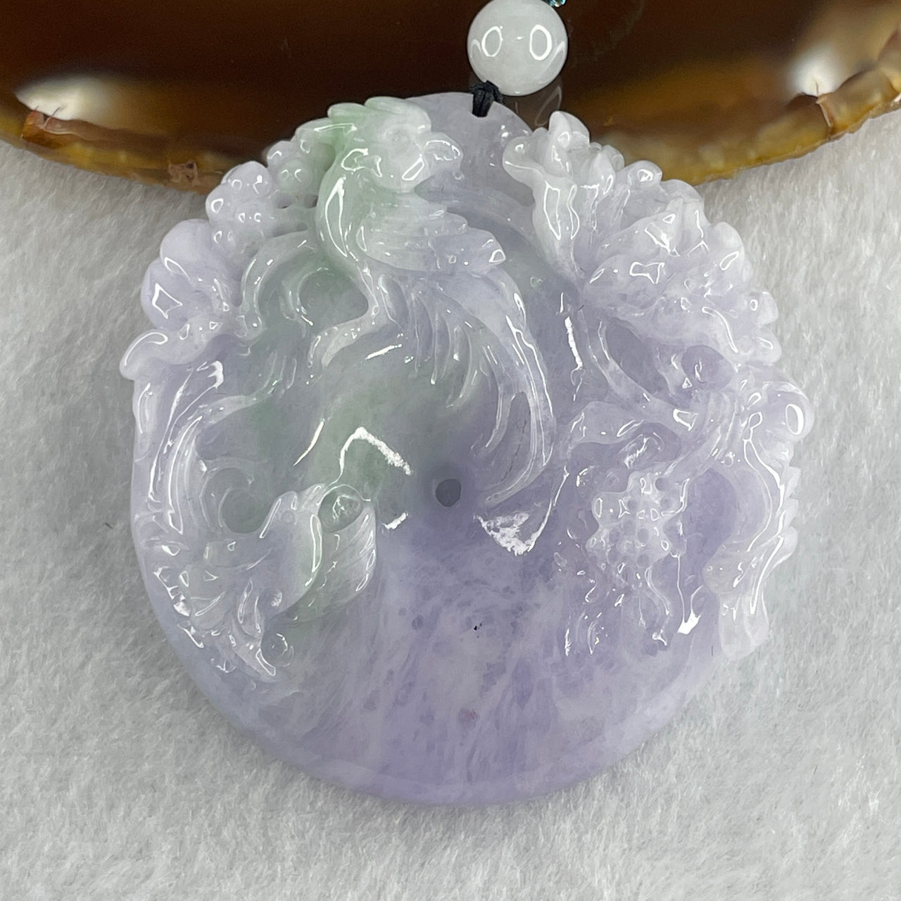 Type A Intense Lavender with Green Piao Hua Jadeite Ping An Kou with Twin Birds and Flower Pendant 60.75g 53.2 by 51.6 by 11.9mm