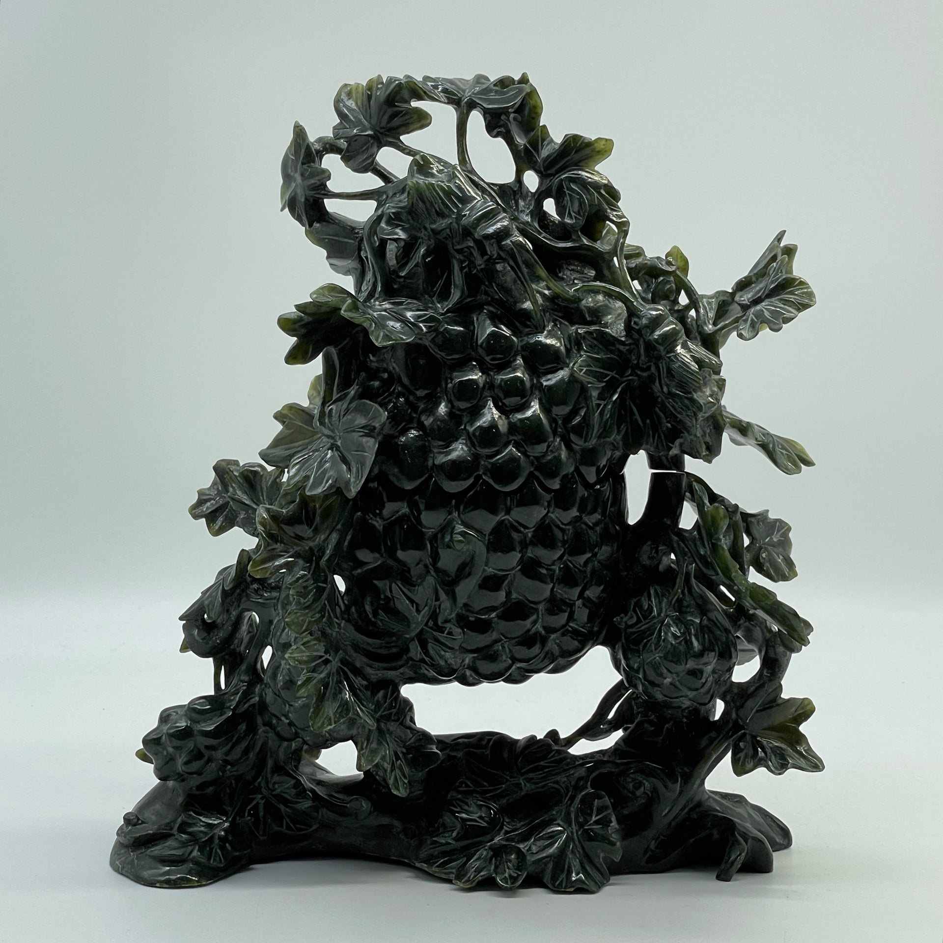 Natural Dark Green Nephrite Cricket Pair on Grapes Plant with Wooden Display 2,429.6g 241.0 by 100.0 by 260.0mm - Huangs Jadeite and Jewelry Pte Ltd