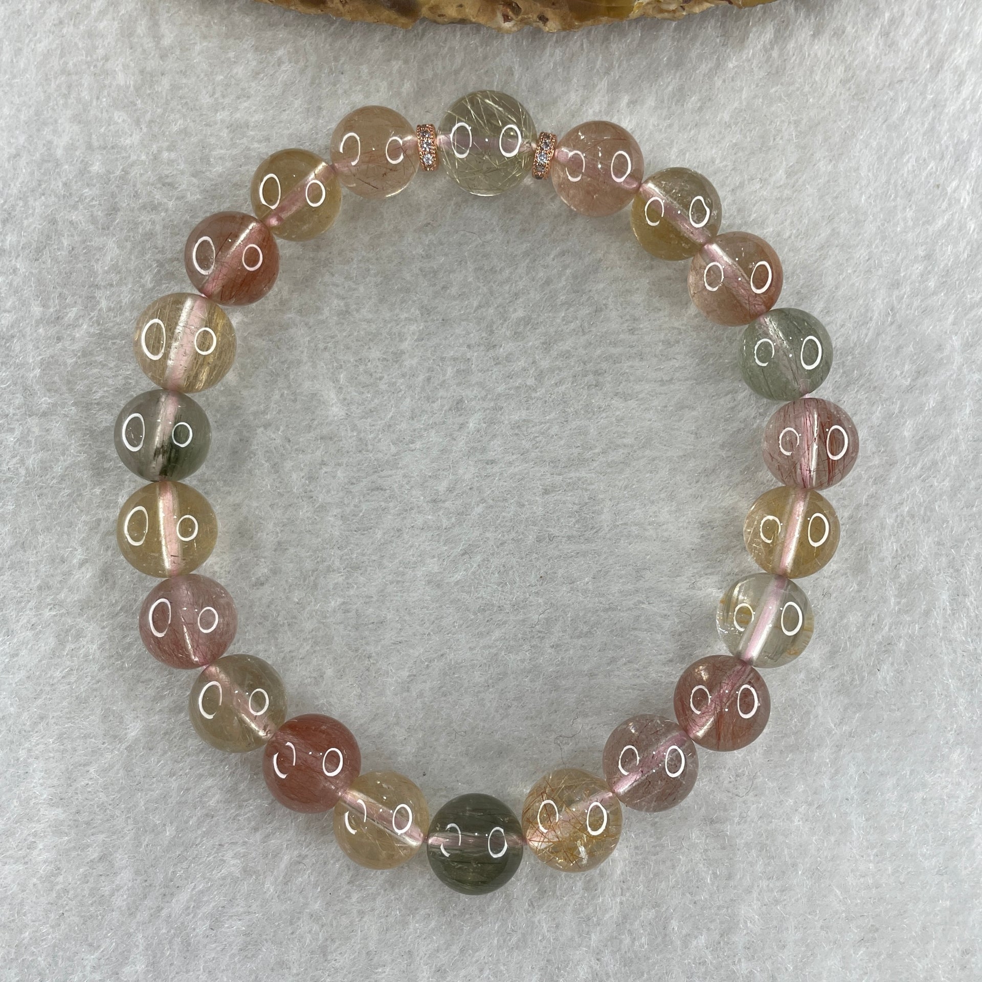 Natural Pinkish with Green Rabbit Hair Rutilated Quartz Beads Bracelet 20.16g 16cm 9.2mm 22Beads - Huangs Jadeite and Jewelry Pte Ltd