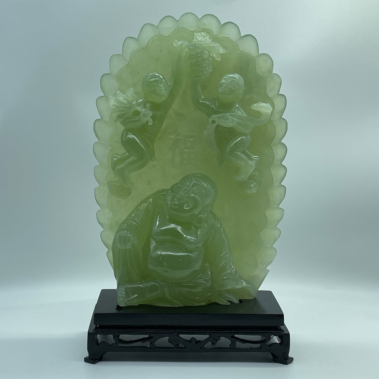 Natural Light Green Serpentine Milo Buddha with Jin Tong Yu Nu Jade Girl with Golden Boy with Grapes and Ruyi Display 3318.7g 190.0 by 110.0 by 330.0mm