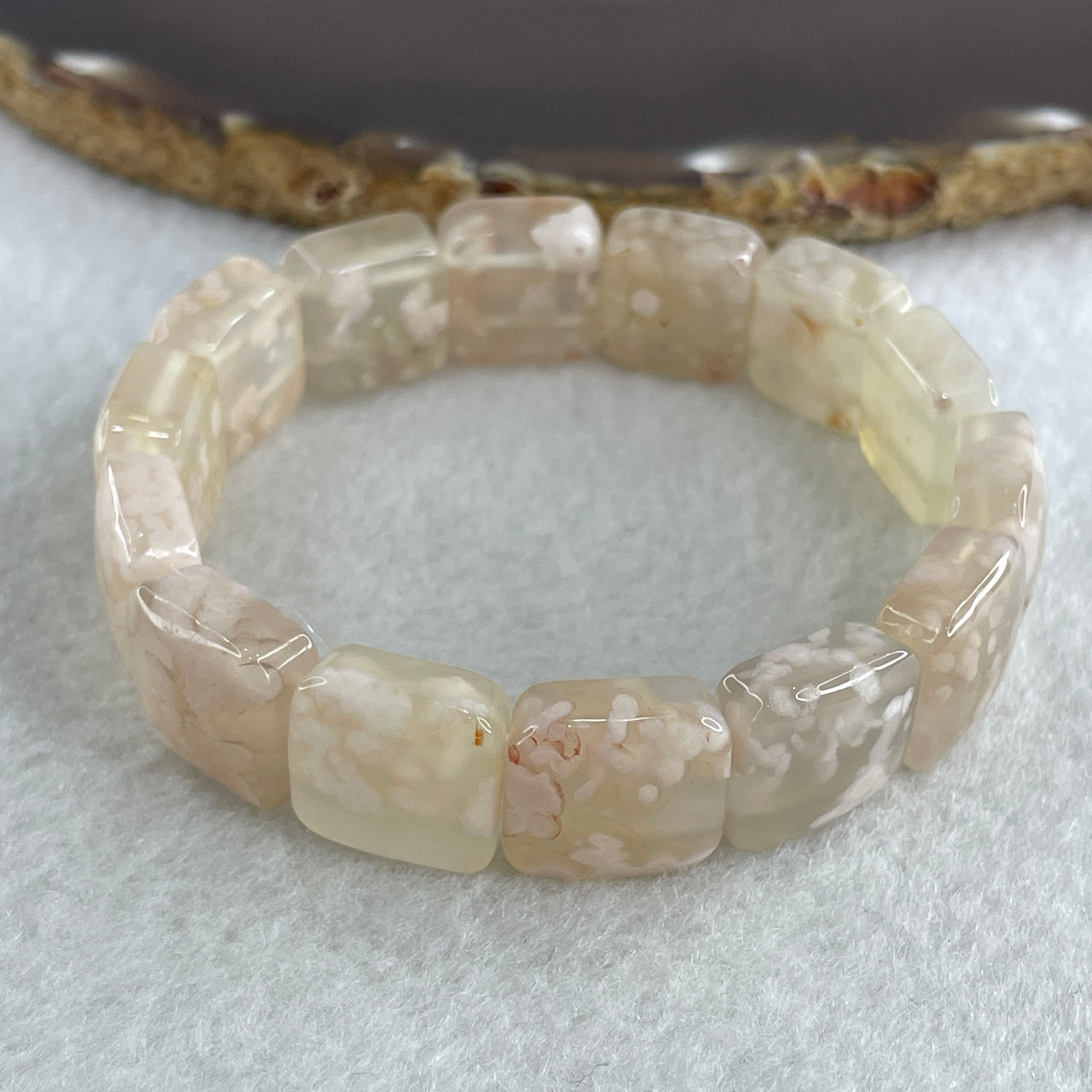 Natural Pinkish Flower Agate Shou Pai Bracelet 38.03g 16.5cm 14.2mm 14 Pcs - Huangs Jadeite and Jewelry Pte Ltd