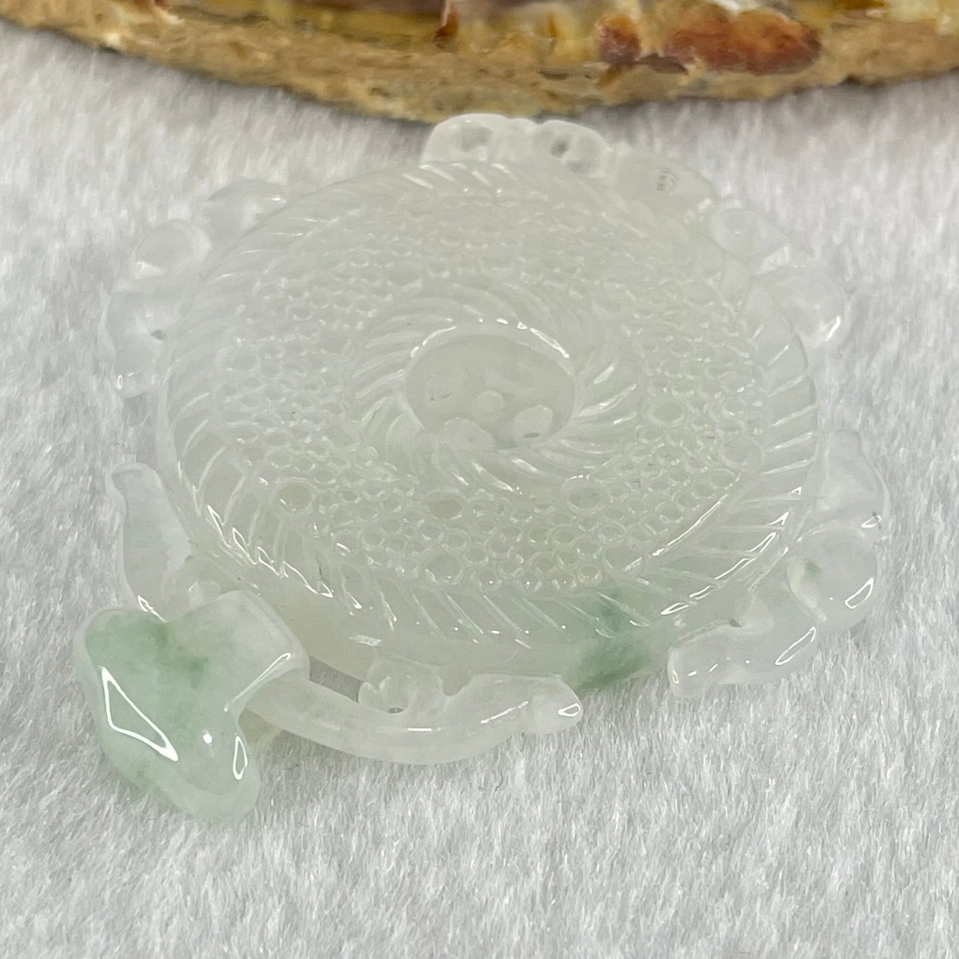 Type A Semi Icy White Jadeite Floral Ping An Kou Donut Pendant 19.53g 45.6 by 44.1 by 6.6mm - Huangs Jadeite and Jewelry Pte Ltd
