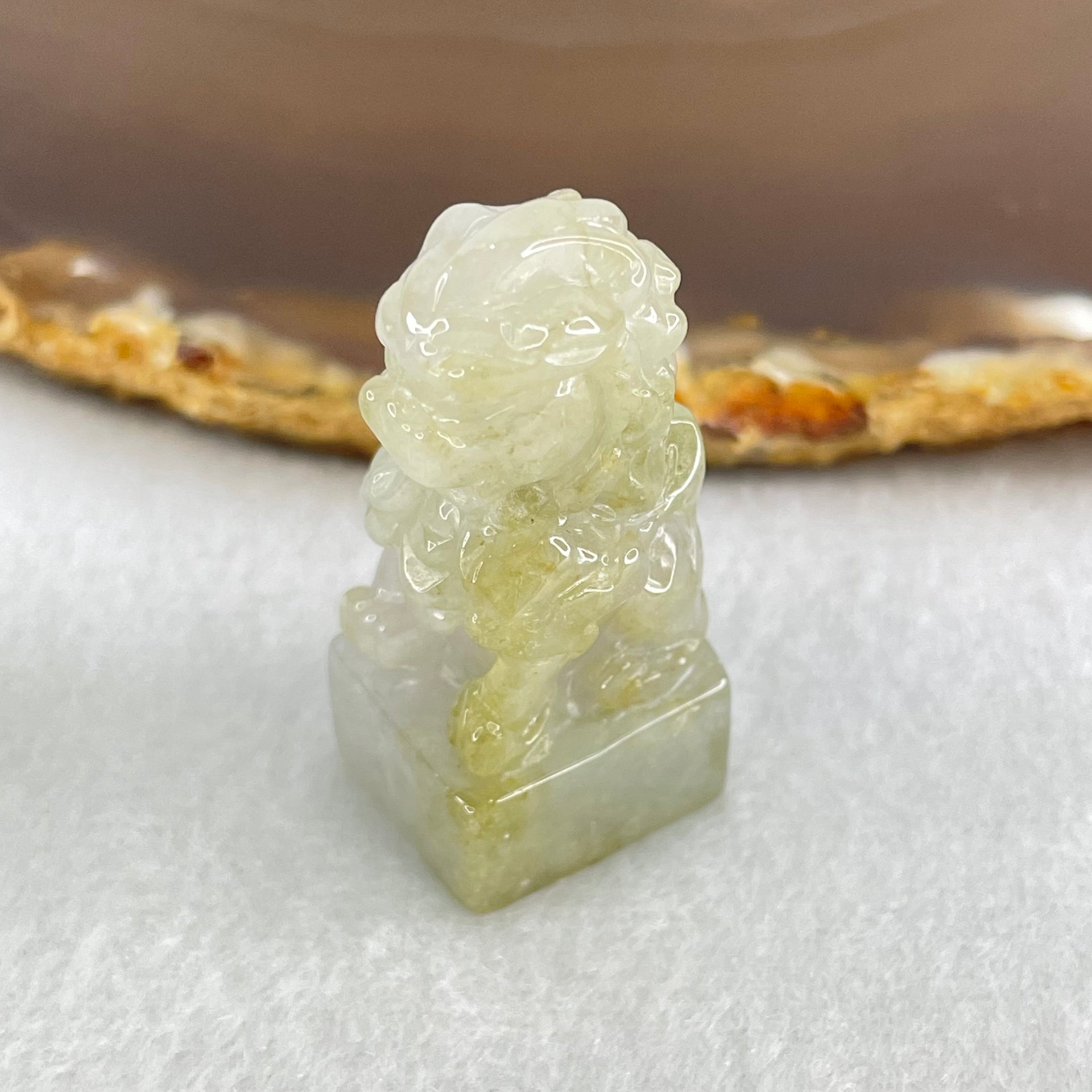 Type A Greyish Lavender and Yellowish Green Jadeite Fu Dog Seal Display 18.16g 37.1 by 16.7 by 14.5mm - Huangs Jadeite and Jewelry Pte Ltd