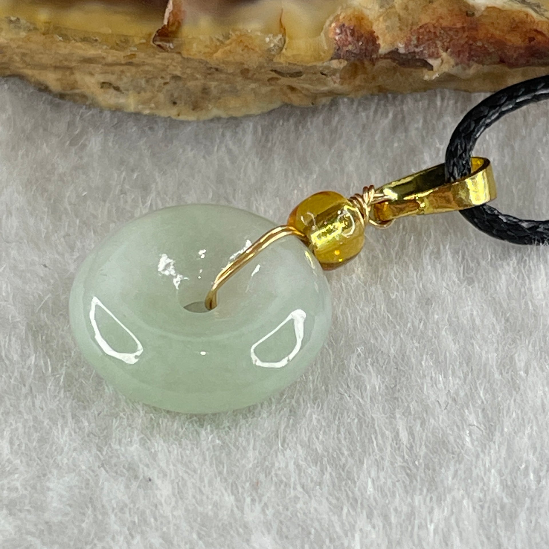 Type A Natural Faint Green Jadeite Ping An Kou Donut In String Necklace 2.68g 13.3 by 4.6mm - Huangs Jadeite and Jewelry Pte Ltd