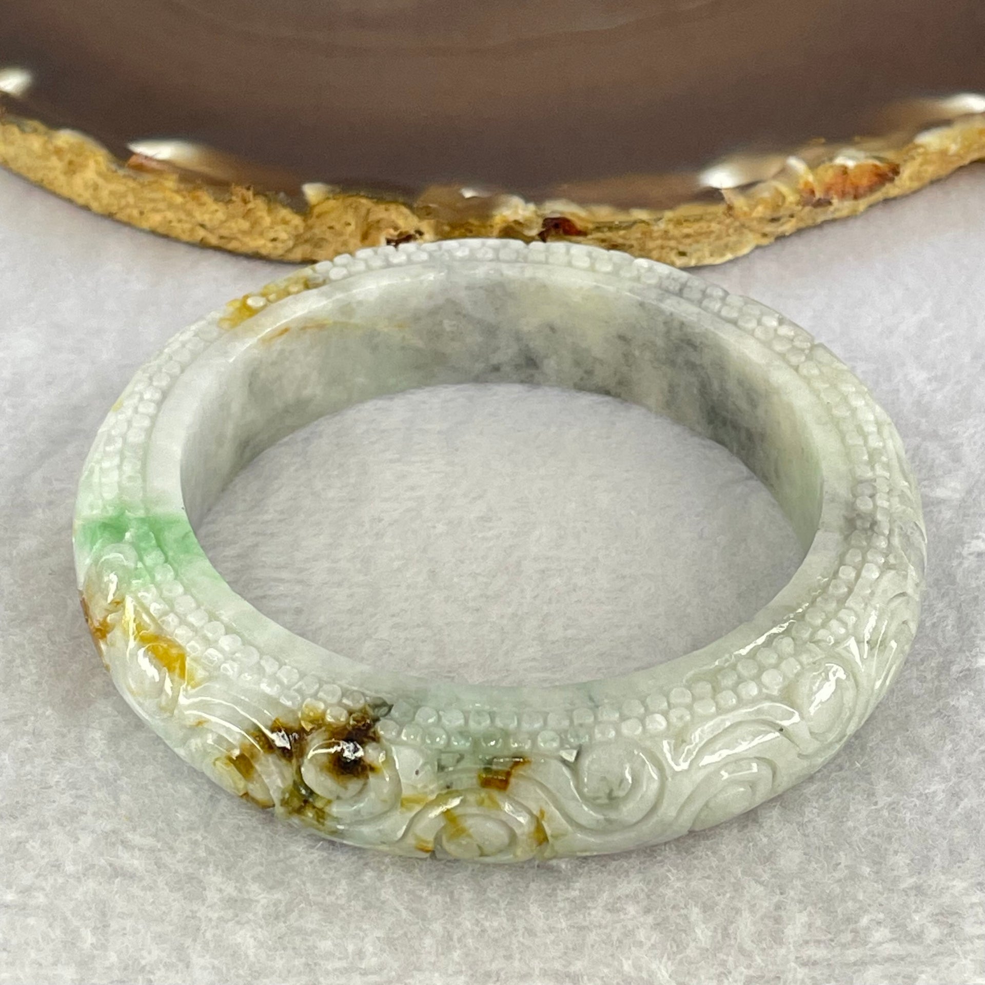 Type A Green Lavender with Brown Yellow Patches Jadeite Carved Ruyi Bangle Internal Diameter 56.3mm 76.21g 13.8 by 10.5mm (Internal Lines) - Huangs Jadeite and Jewelry Pte Ltd