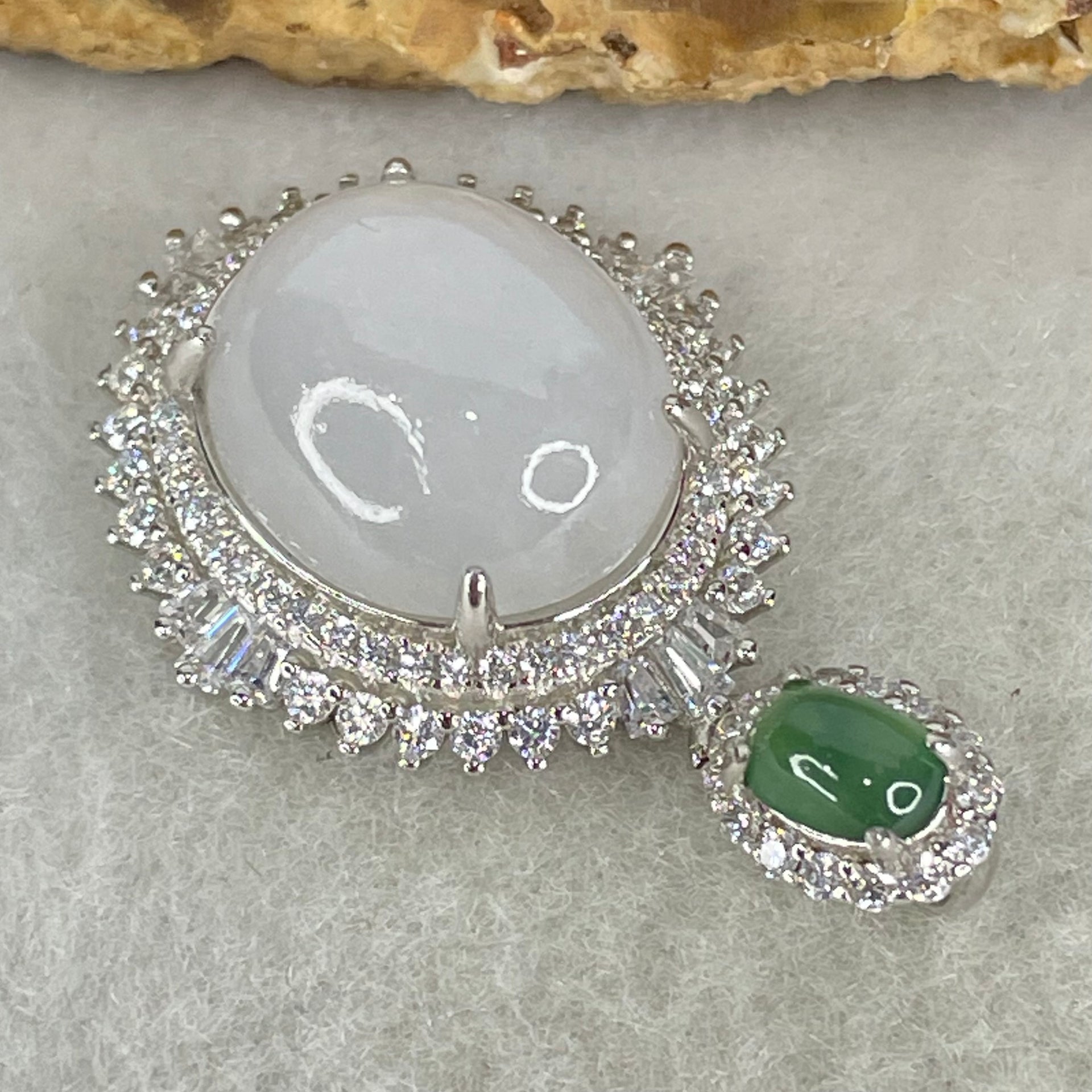 Type A Lavender and Old Mine Spicy Green Cabochon Jadeite in S925 Sliver with Crystal Charm 4.85g 14.2 by 12.2 by 7.0mm - Huangs Jadeite and Jewelry Pte Ltd