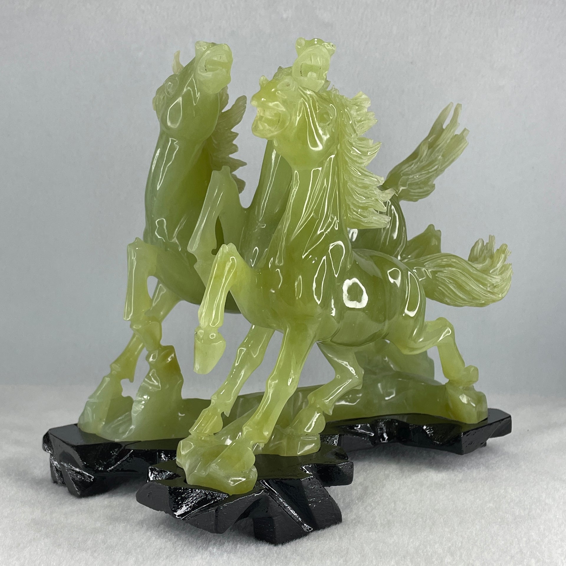 Natural Yellowish Green Serpentine 3 Victory Horse with Wooden Stand Display 1,929.3g 198.0 r we by 166.0 by 200.0mm - Huangs Jadeite and Jewelry Pte Ltd
