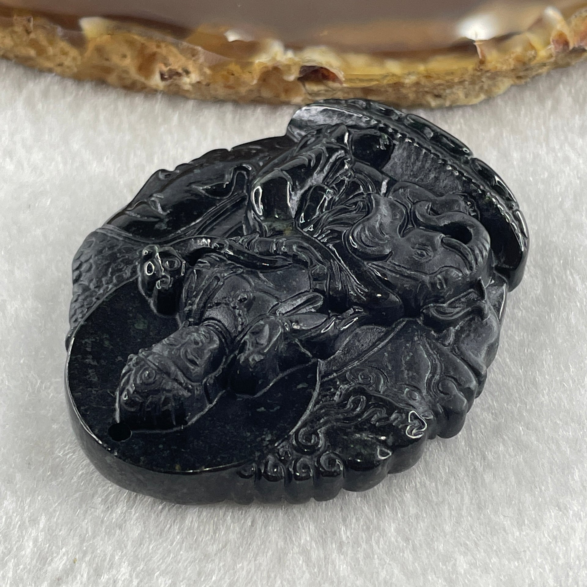 Type A Opaque Black Omphacite Jadeite Good Vs Evil Samantabhadra Bodhisattva Pendant Dragon and Snake Zodiac Guardian 44.90g 50.8 by 43.9 by 12.0mm - Huangs Jadeite and Jewelry Pte Ltd