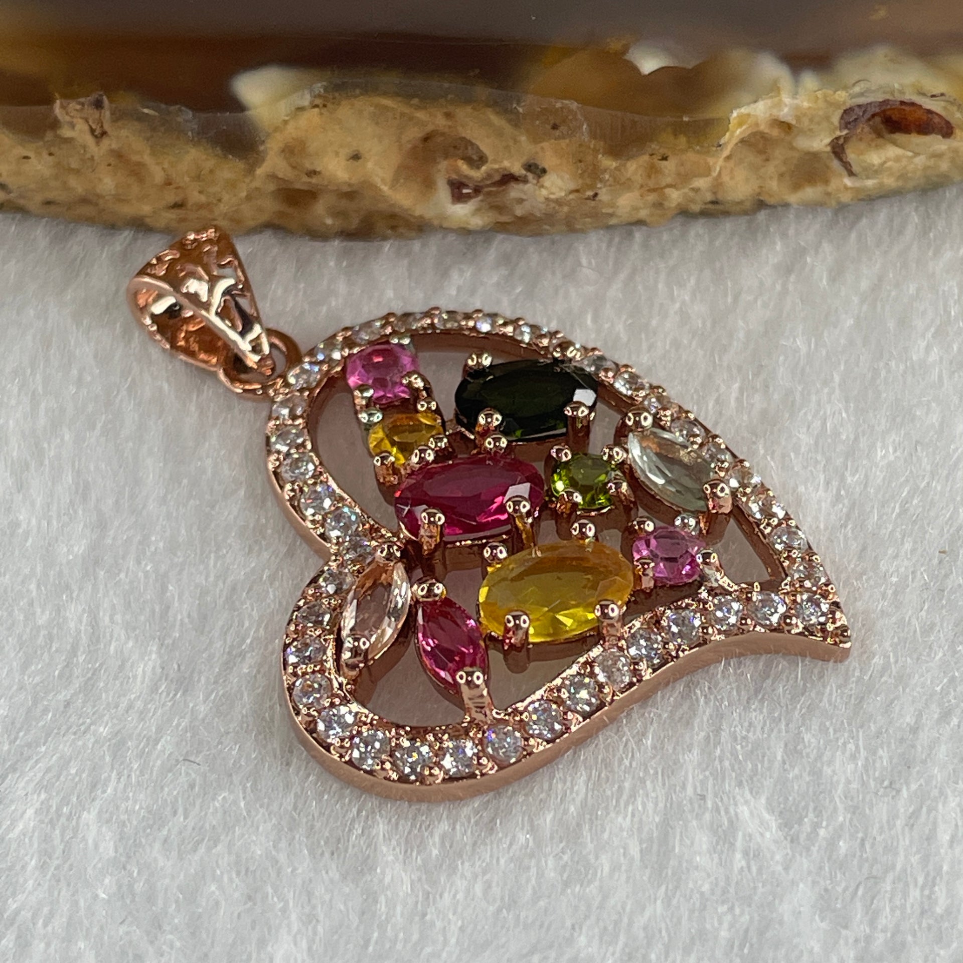 Natural Tourmaline Crystal Heart Shape with Charm Pendant in S925 Sliver 3.83g 5.2 by 4.0 by 1.8mm - Huangs Jadeite and Jewelry Pte Ltd