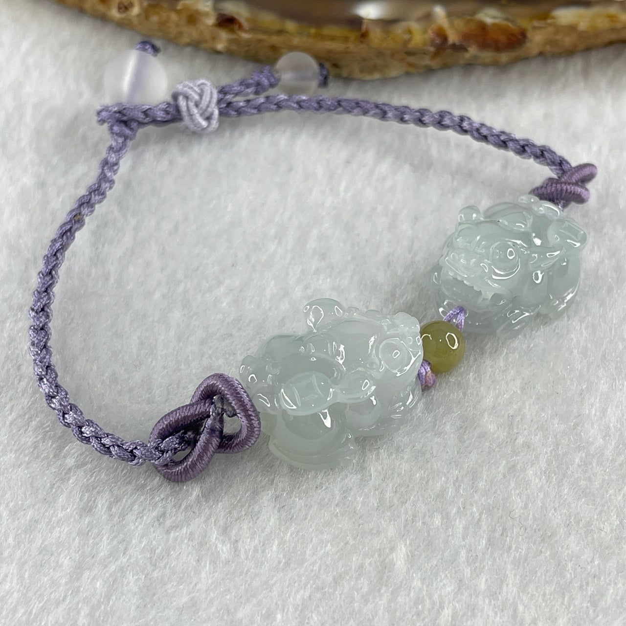 Special Edition Certified Natural Type A Light Lavender Jadeite Male Pixiu Pair in String Bracelet 5.60g each about 19.4 by 15.2 by 11.0mm