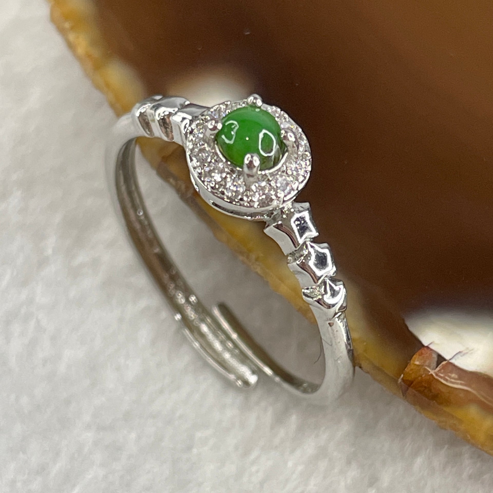 Type A Bright Green Jadeite Ring in S925 Sliver with Cubic Zirconia 1.30g 3.5 by 2.0mm (Adjustable Size) - Huangs Jadeite and Jewelry Pte Ltd