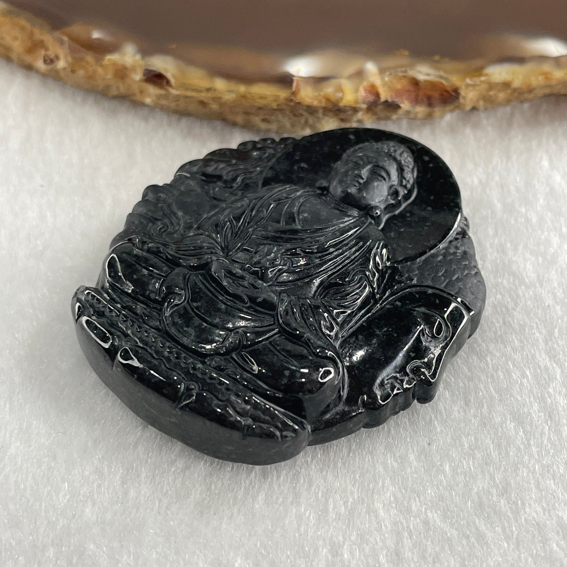 Type A Opaque Black Omphacite Jadeite Good Vs Evil Amitabha Buddha Pendant Dog and Boar Pig Zodiac Guardian 44.61g 50.6 by 43.4 by 12.0mm - Huangs Jadeite and Jewelry Pte Ltd