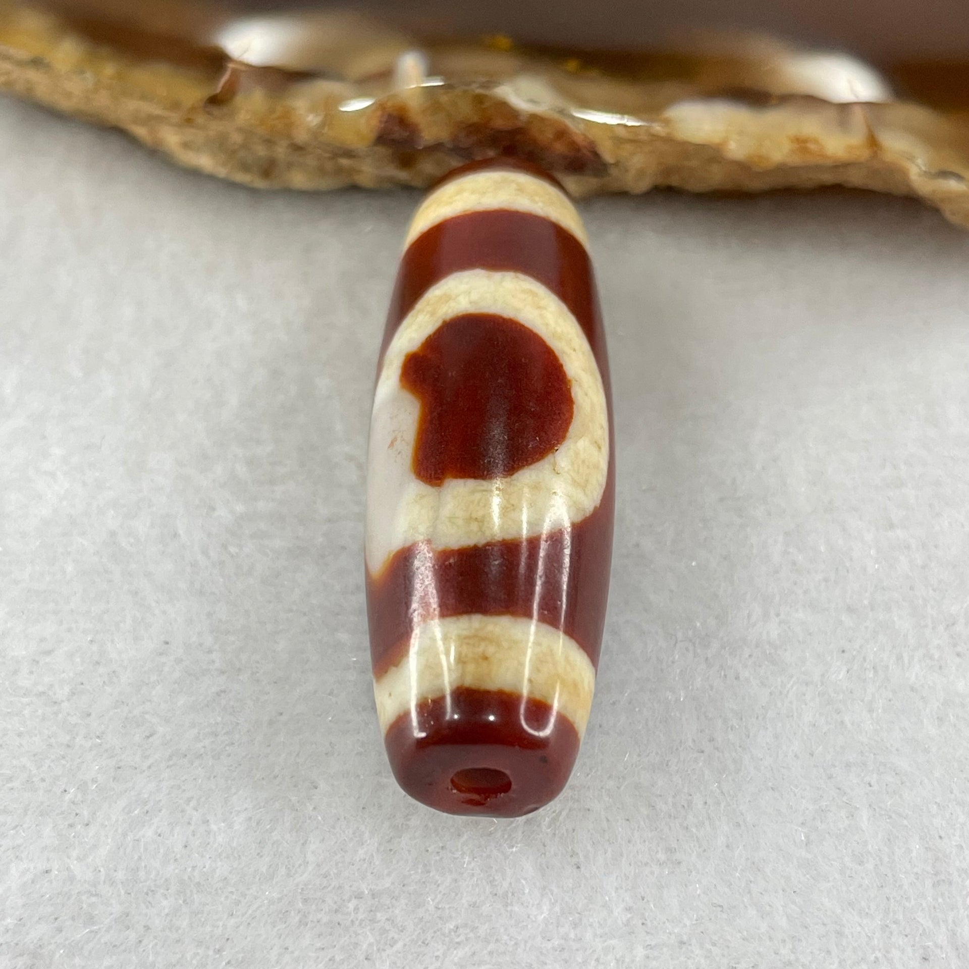 Natural Powerful Tibetan Old Oily Red White Agate One Eye Fire Sign Dzi Bead Heavenly Master (Tian Zhu) 一眼火天珠 9.27g 37.7 by 12.7mm - Huangs Jadeite and Jewelry Pte Ltd