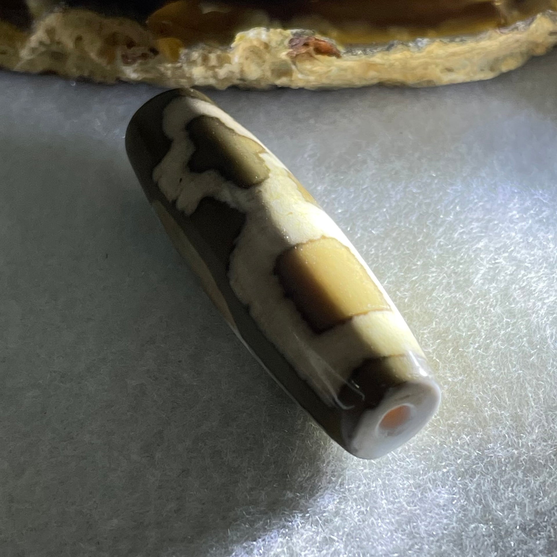 Natural Powerful Tibetan Old Oily Agate Cai Shen Dzi Bead Heavenly Master (Tian Zhu) 财神长天珠 9.35g 39.5 by 12.1mm - Huangs Jadeite and Jewelry Pte Ltd