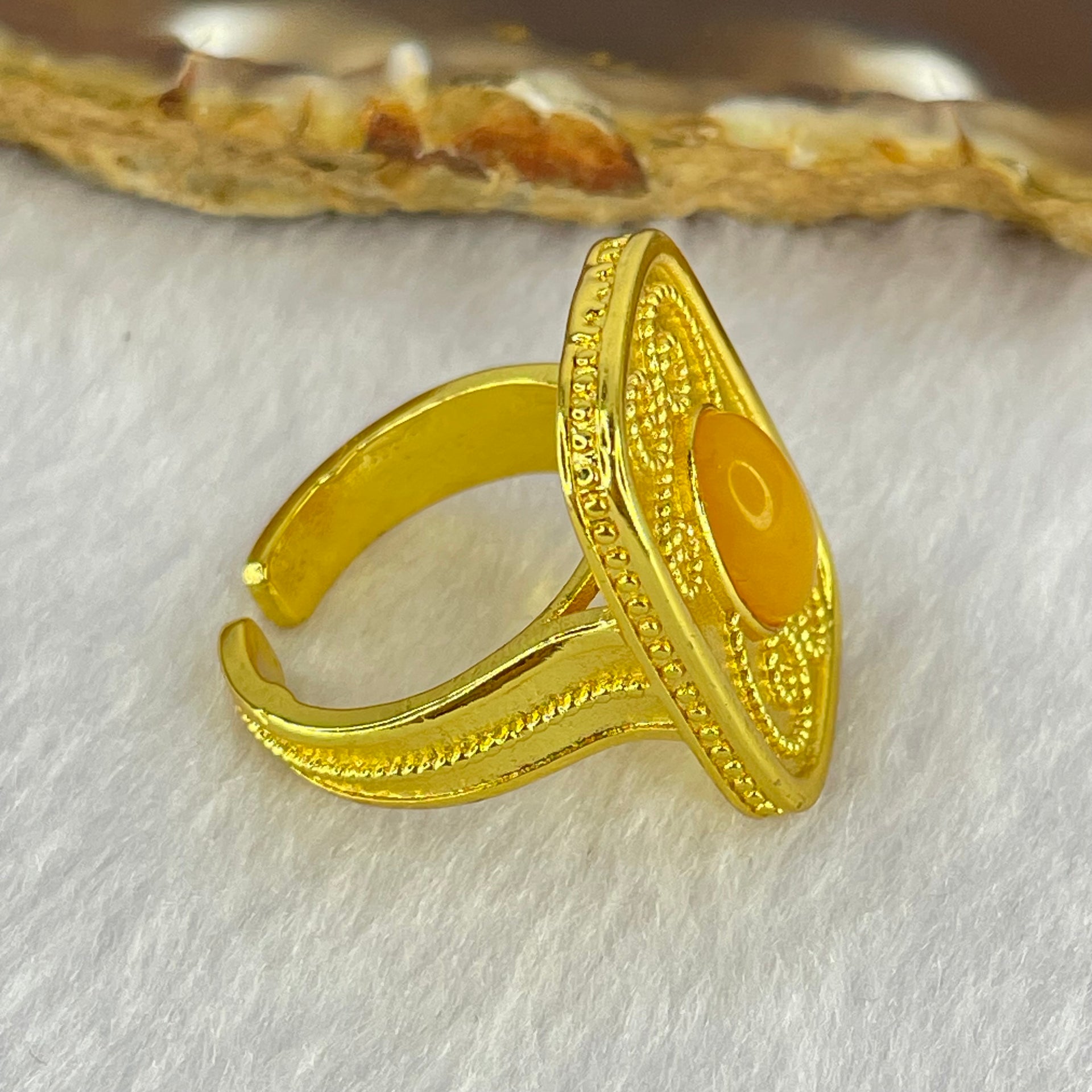 Natural Butterscotch Amber in  Sliver Gold Color Ring (Adjustable Size) 7.53g 10.2 by 6.6 by 3.5mm - Huangs Jadeite and Jewelry Pte Ltd
