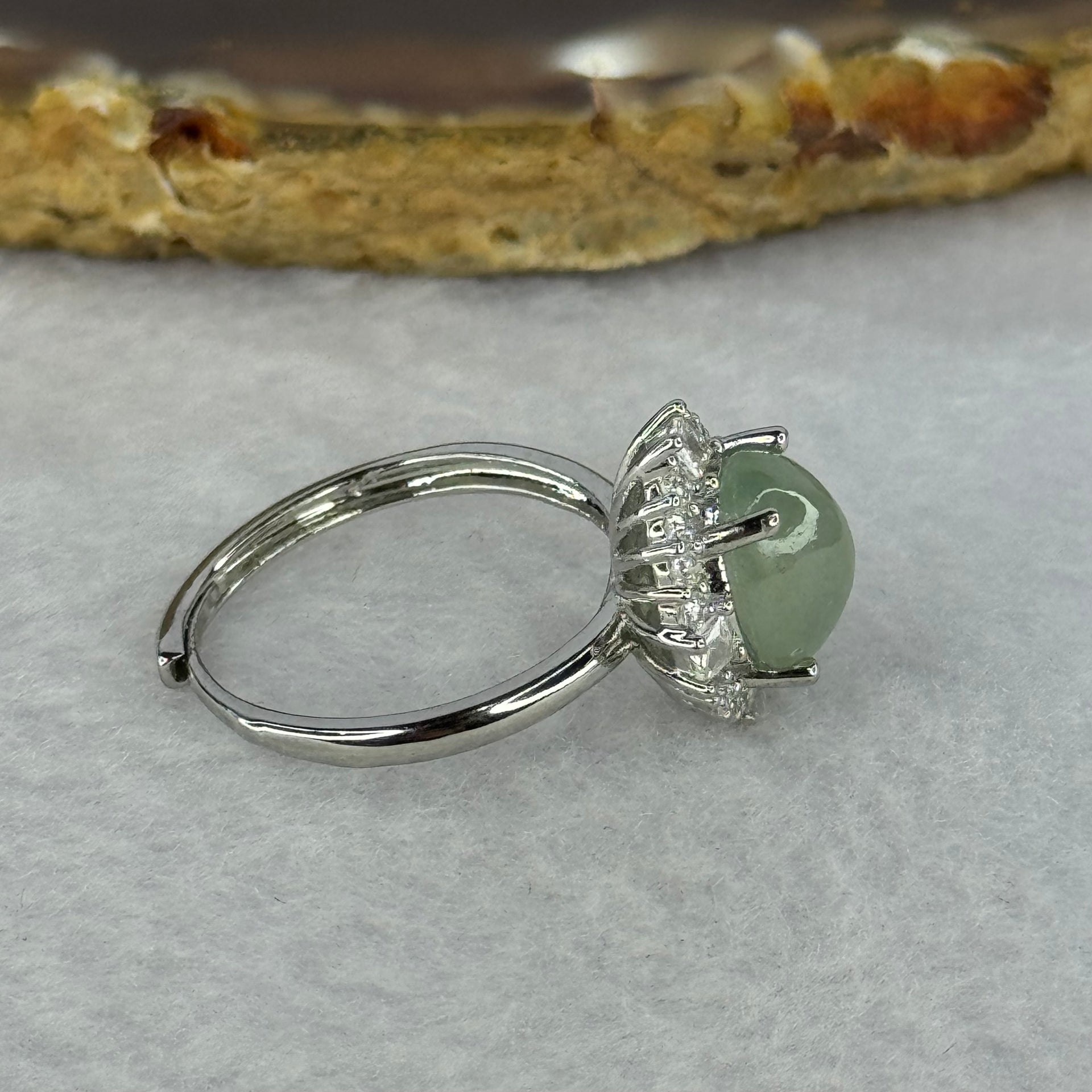 Type A Semi Icy Light Green Jadeite with Crystals in S925 Sliver Ring (Adjustable Size) 2.86g 9.3 by 7.4 by 5.0mm - Huangs Jadeite and Jewelry Pte Ltd