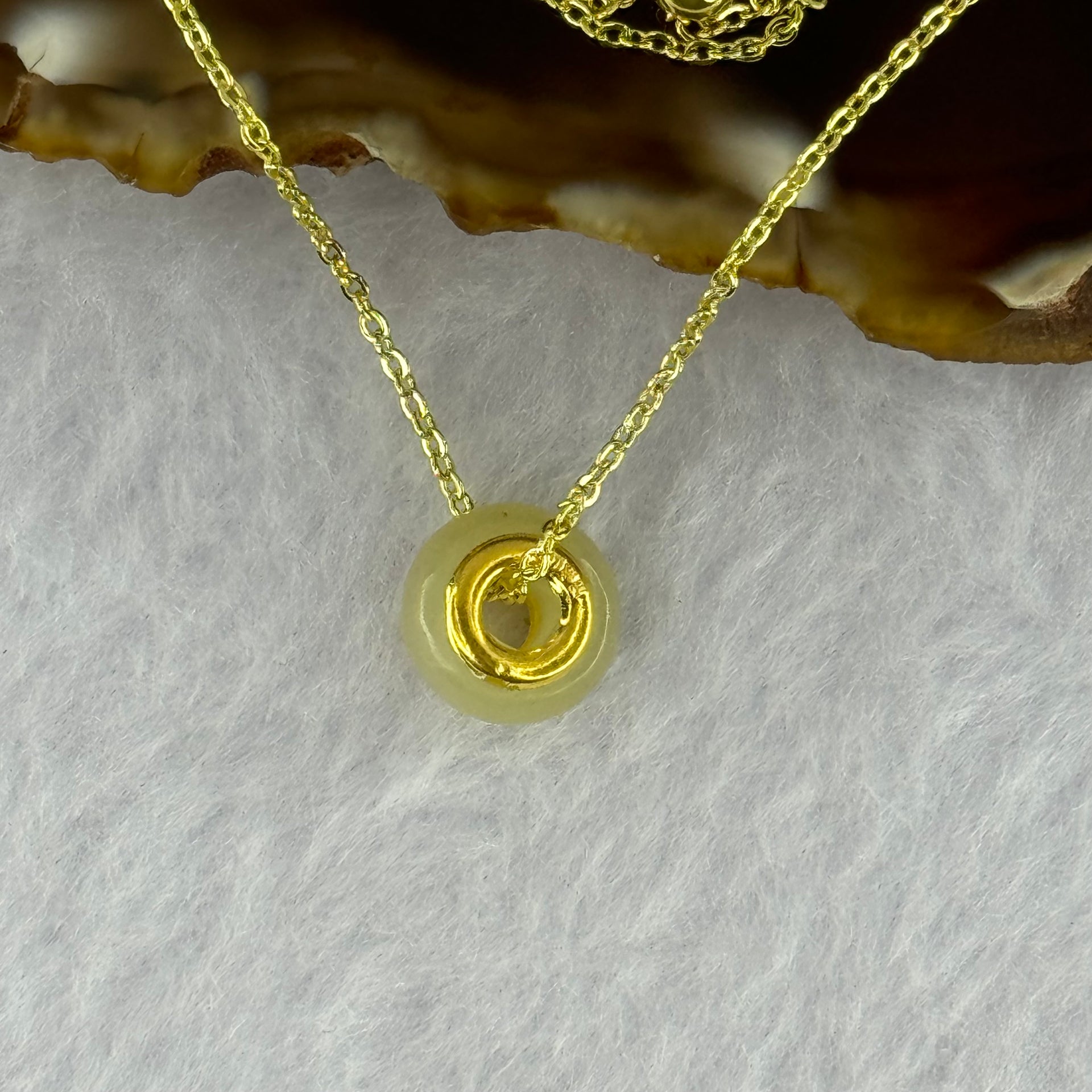 Natural Yellowish Nephrite Ping An Kou Donut 999 Gold Pendent in Gold Color Necklace 2.79g 10.0 by 6.0mm - Huangs Jadeite and Jewelry Pte Ltd