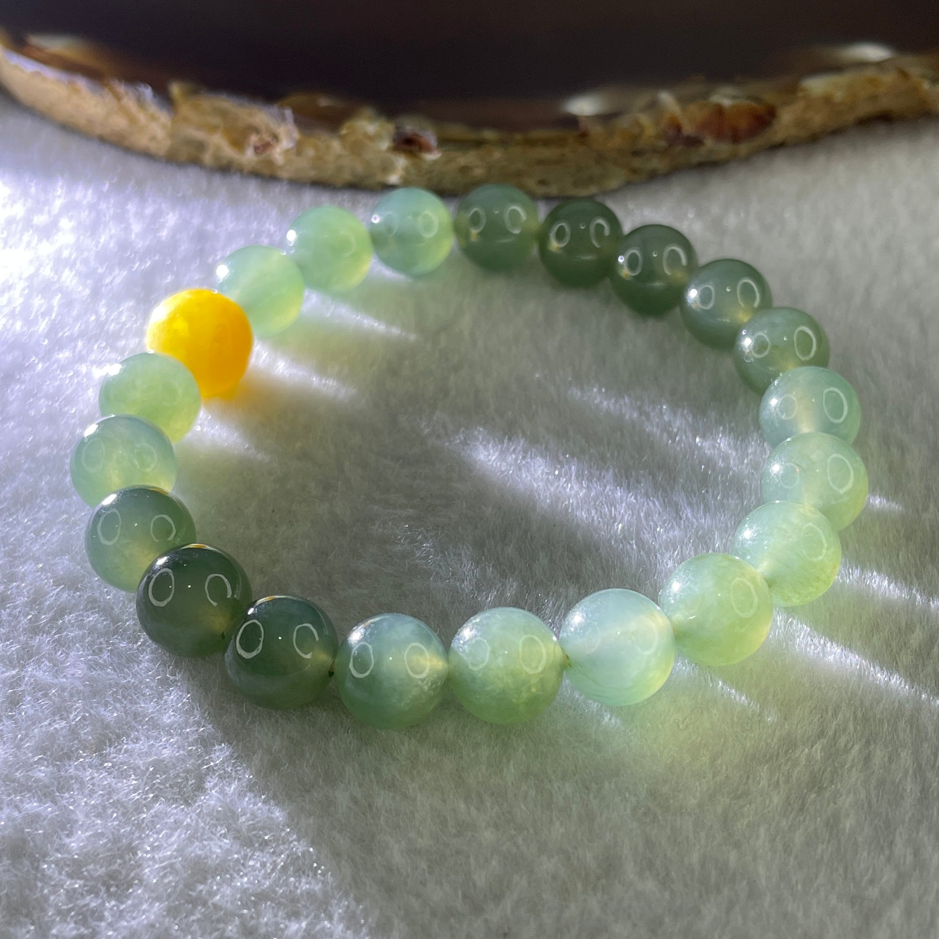 Tye A Natural Jelly Semi Icy Green with Yellow Jadeite Beads Bracelet 24.58g 15cm 88.8mm 20 Beads 9.8mm-yellow bead - Huangs Jadeite and Jewelry Pte Ltd