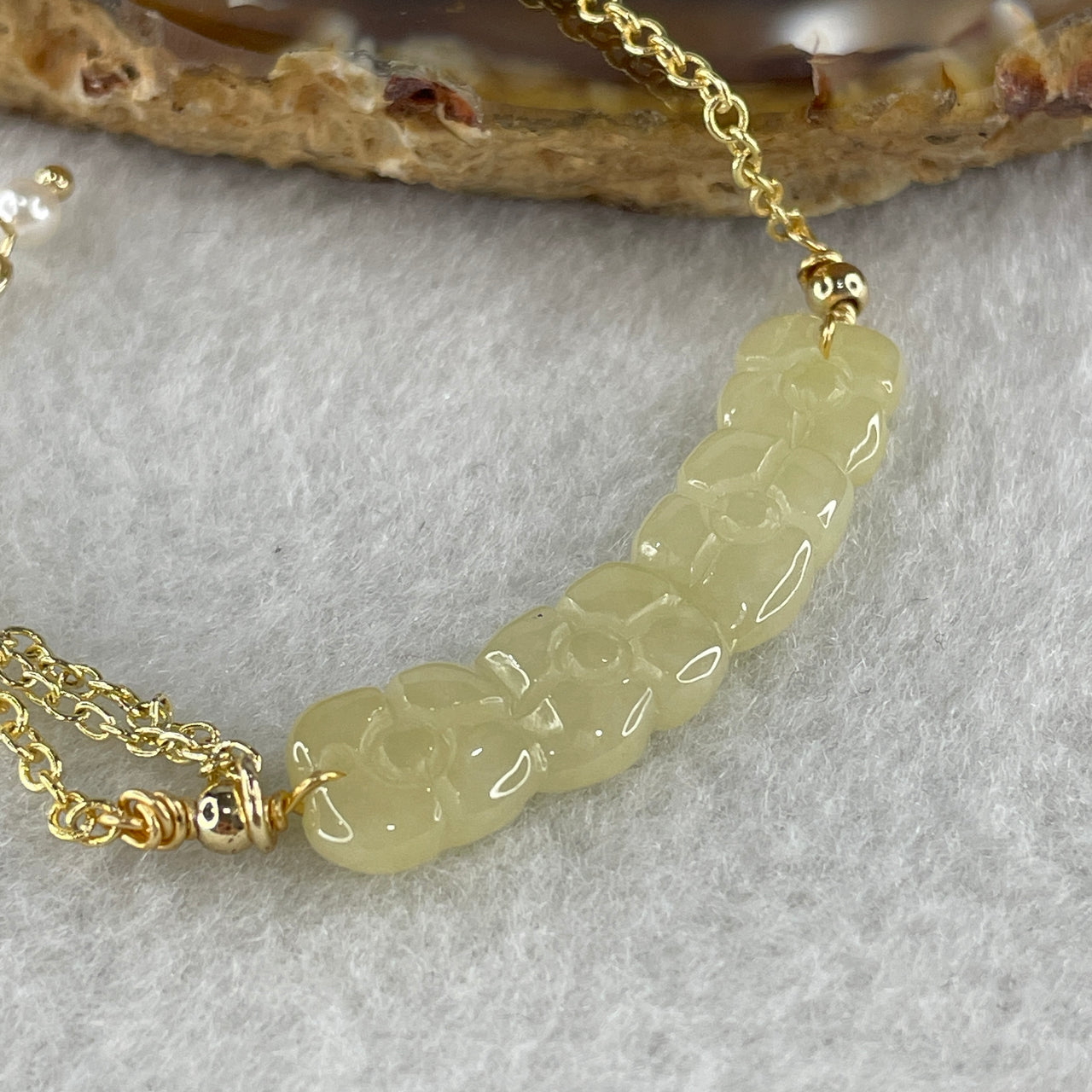 Natural Type A Light Yellowish Jadeite Flower with Gold Color Necklace 5.91g 48-54cm 36.4 by 8.5 by 3.5mm - Huangs Jadeite and Jewelry Pte Ltd