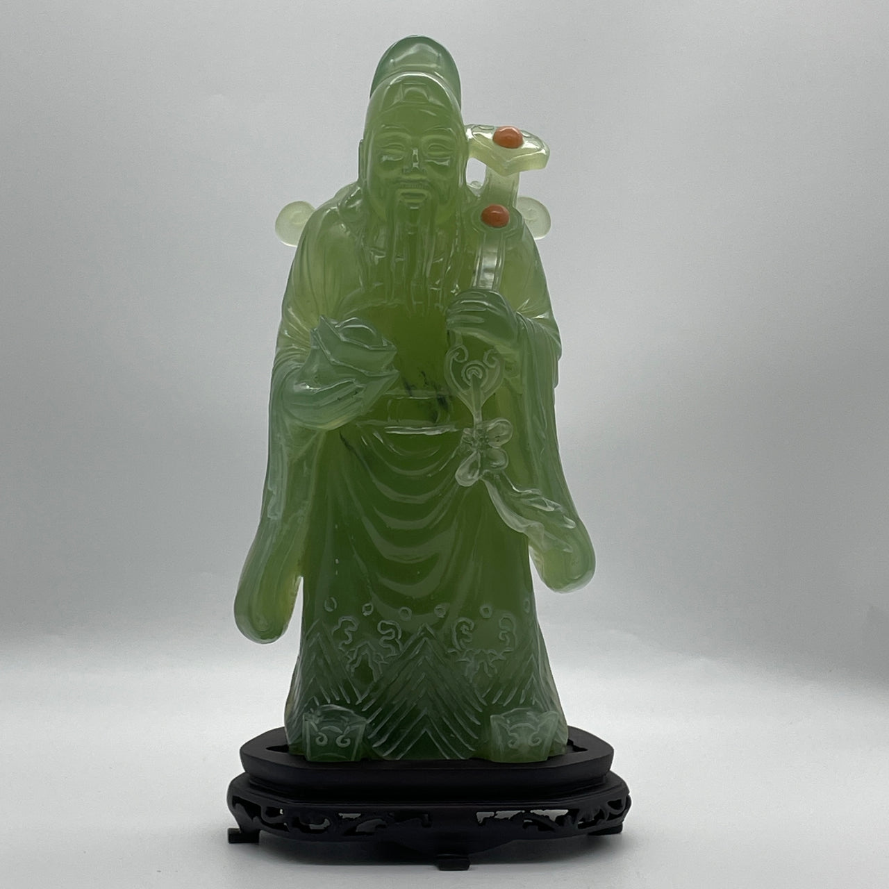 Natural Icy Green Serpentine Cai Shen Ye God of Fortune with Ruyi on Wooden Stand Display 3,597.9g 165.0 by 105.0 by 330.0mm