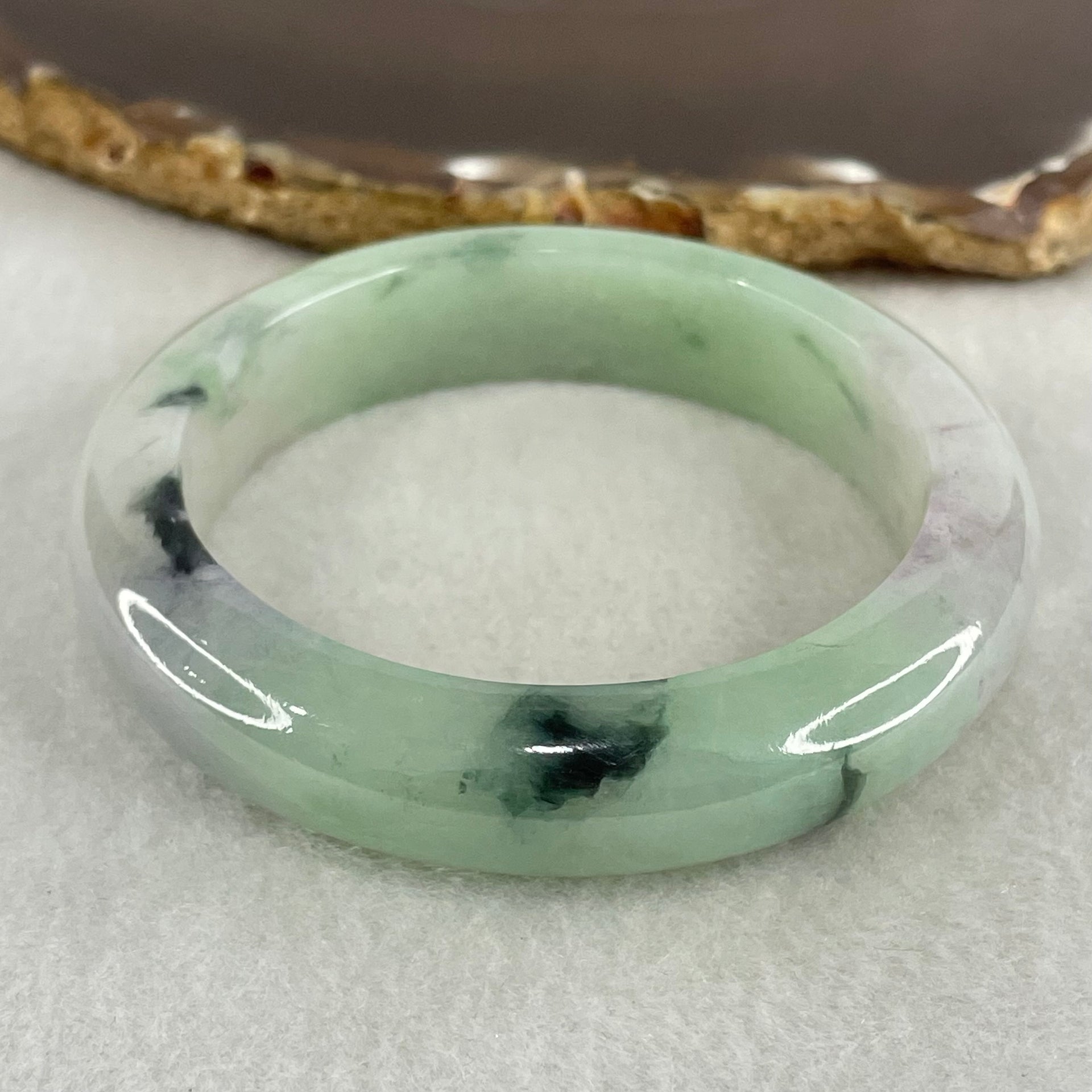 Type A Green Lavender with Dark Green Piao Hua Jadeite Bangle 58.88g Internal Diameter 52.7mm 12.9 by 8.7mm (Internal Lines with External Rough, Burnt) - Huangs Jadeite and Jewelry Pte Ltd