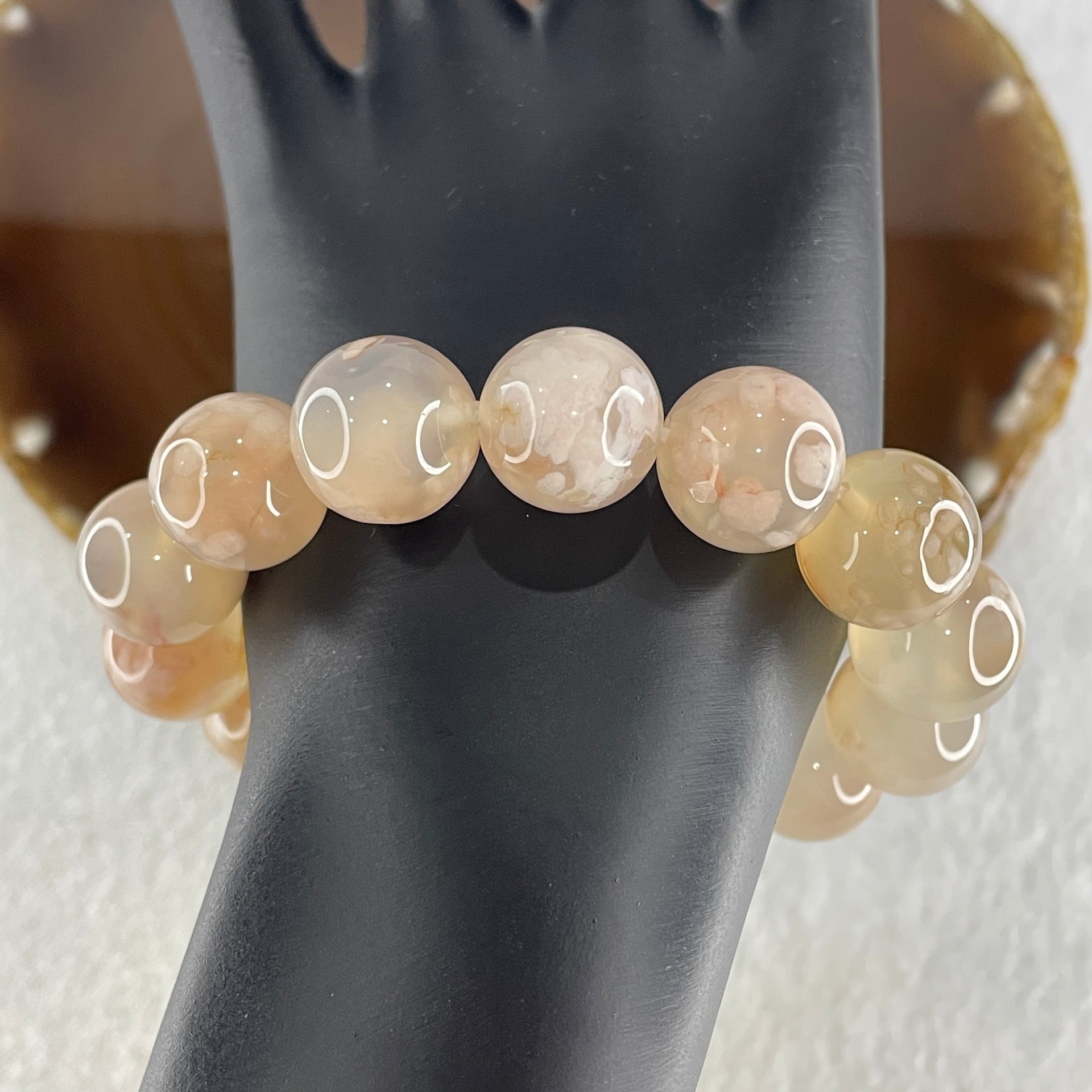 Natural Pinkis Flower Agate Beads Bracelet 59.40g 16cm 14.7mm 14 Beads - Huangs Jadeite and Jewelry Pte Ltd